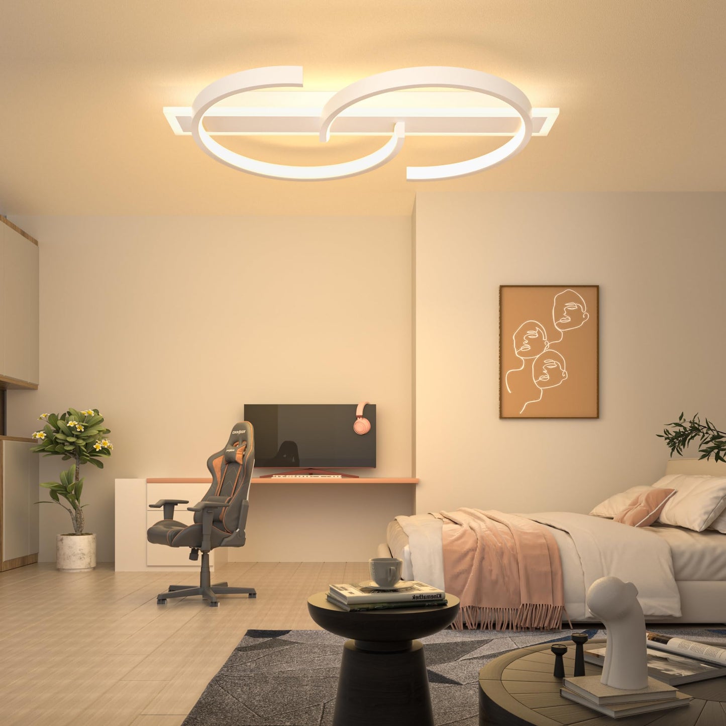 LUOLONG LED Deckenleuchte Dimmbar Deckenlampe Schwarz Wohnzimmerlampe 35W mit Fernbedienung 2-Ringen kreis Deckenleuchte Schlafzimmerlampe Arbeitzimmer Büro Modern Led deckenbeleuchtung-40cm Schwarz