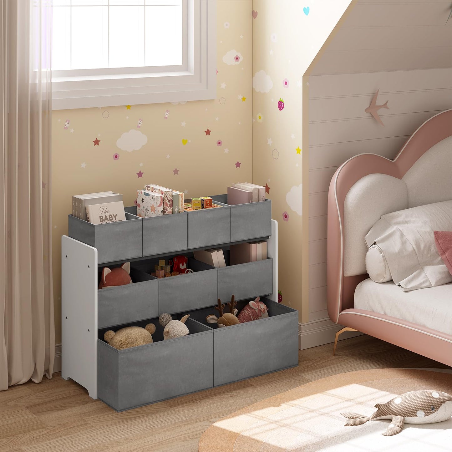 Lestarain Kinderregal mit 9 Aufbewahrungsboxen, Spielzeugregal, Regal Kinderzimmer Spielzimmer, Kinderregal, 63x60x30 cm, Weiß