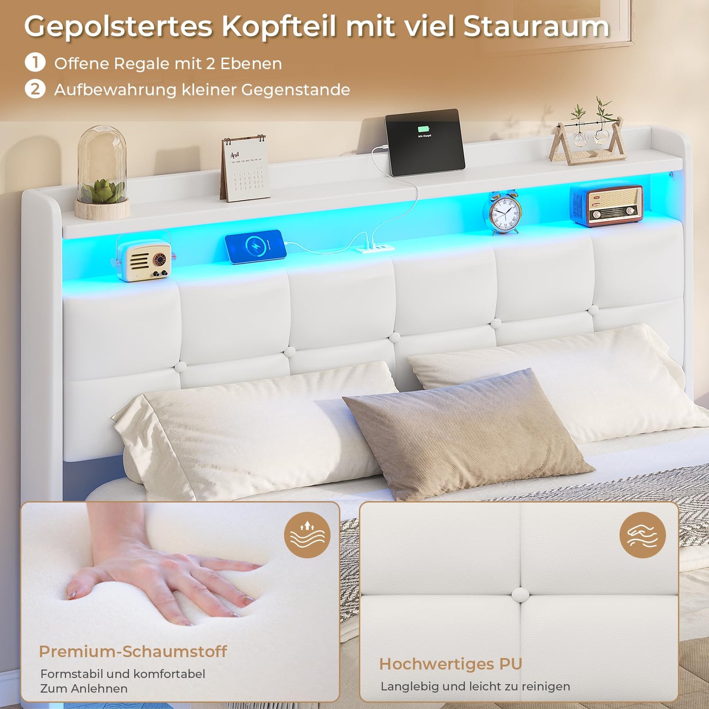 AOGLLATI Upholstered Bed 140 x 200 cm, Double Bed Frame, Bed Frame with LED Lighting and Charging Station, Bed Frame with Headboard, Bed Floating Bed Frame, Metal Bed, Linen, Dark Grey (without