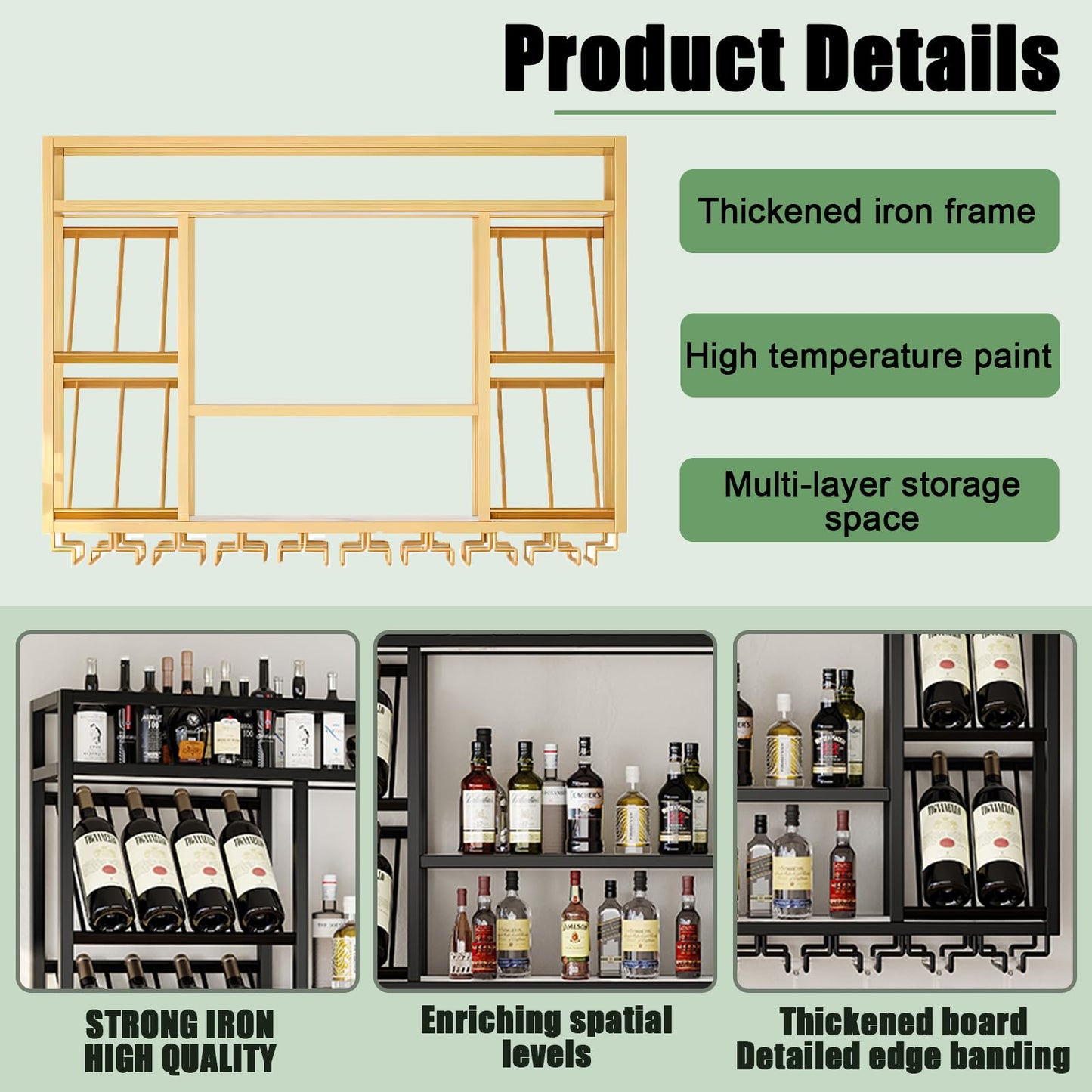 amhricho Wandweinregal Metall, Industrielles Wandmontierte Weinregal mit Glashalter, Schwebendes Regal für Bareinheiten, für Zuhause, Restaurant, Bar (Black, 80 * 25 * 70CM)
