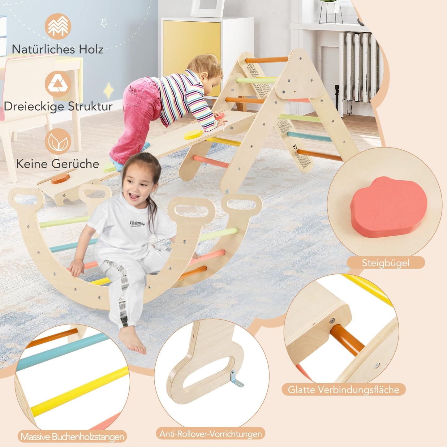 COSTWAY Kletterdreieck mit Rutsche, Kletterbogen, inkl. doppelseitige Rampe, zum Klettern, Rutschen und Wippen, 4 in 1 Klettergerüst Indoor ab 1 Jahr (Macaron bunt)