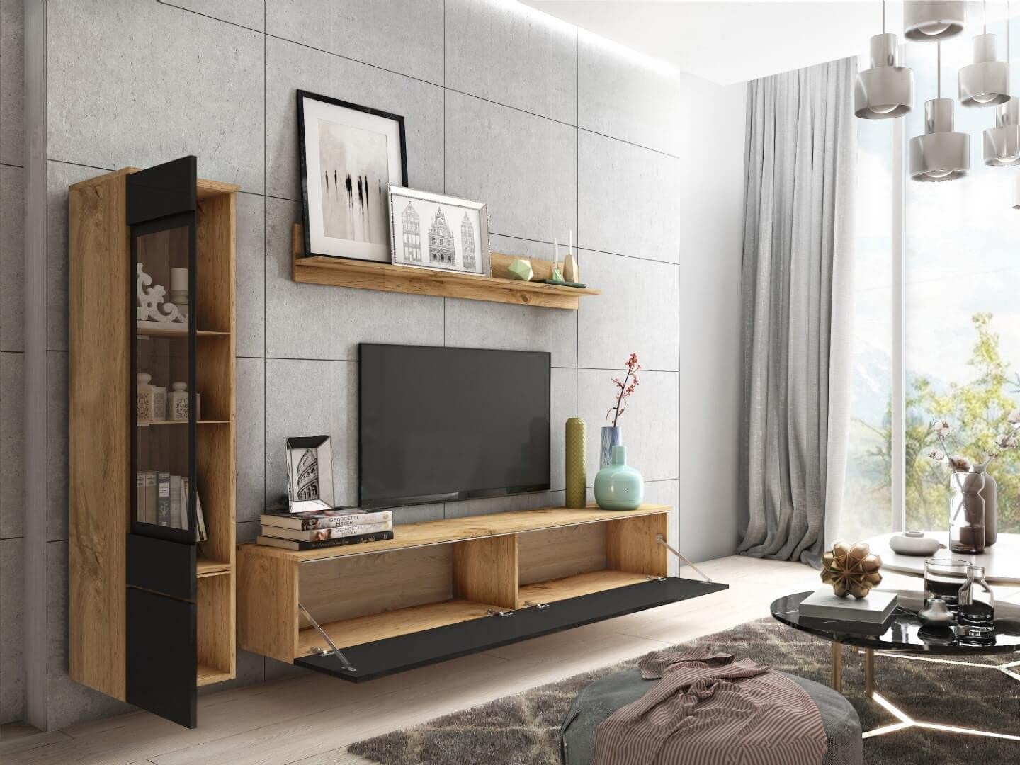 MINIO go for it Veve 2, 4-Piece Wall Unit Set, Hanging or Standing, 2 x Tall Cabinet Display Cabinets, Lowboard, Wall Board, Laminated Clamping Plate, Wotan Oak and Black Gloss, without Lighting