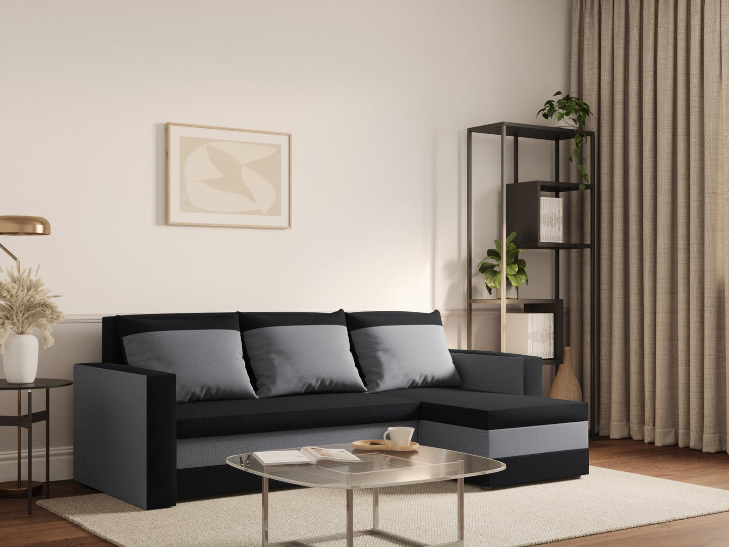 FORNIRO 24 Loft Ecksofa mit Schlaffunktion und Bettkasten - Sofa mit 3 Sitzen und Robustem Überzug - Universal Schlafcouch L-Form - Modern Couch - 225x130x75 cm - Schwarz-Türkis