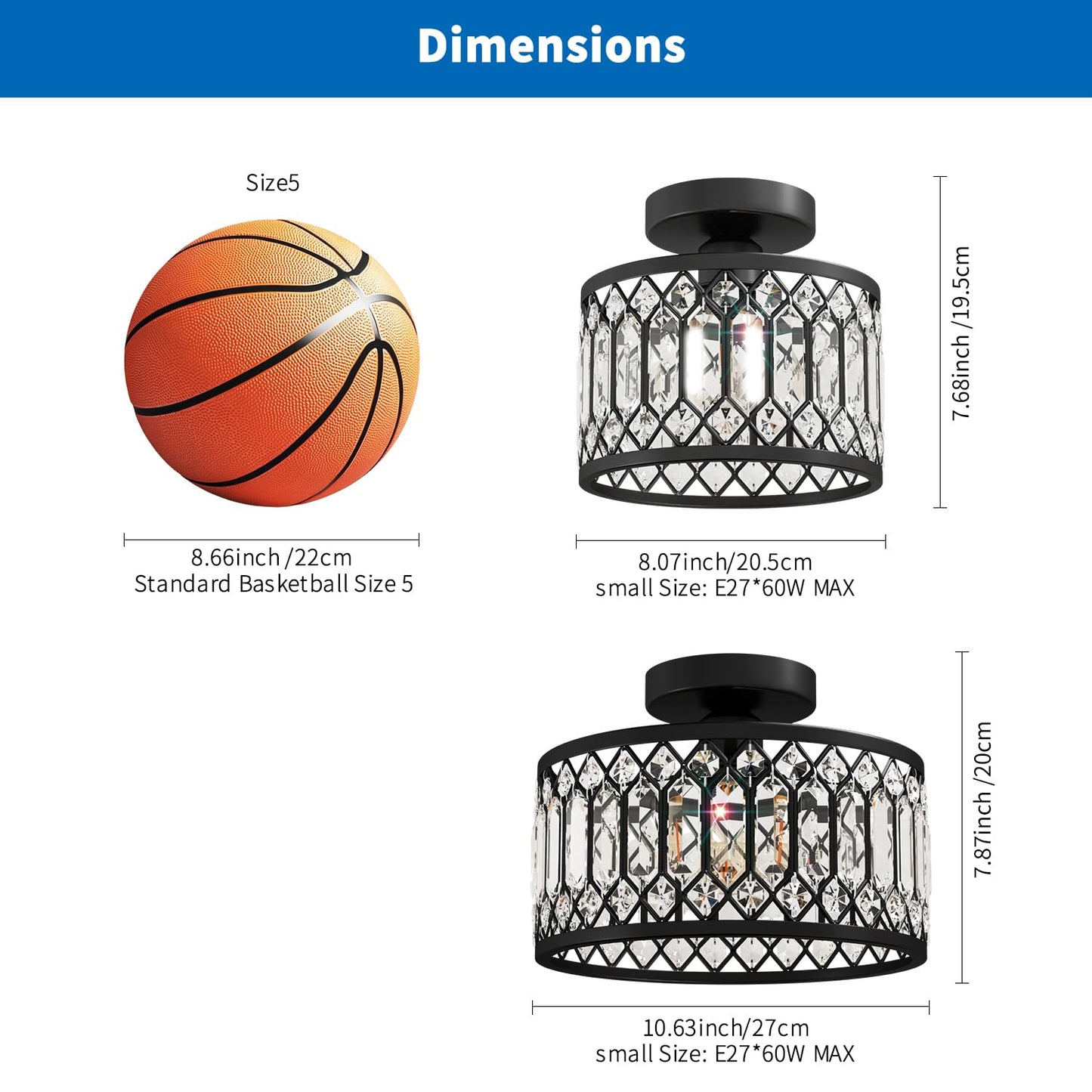 ANWIO Ceiling Light Living Room, Modern Crystal Ceiling Light Black Living Room, E27 Crystal Chandelier Bedroom with Glass Lampshade for Dining Room, Kitchen, Hallway, Office, Diameter 27 cm