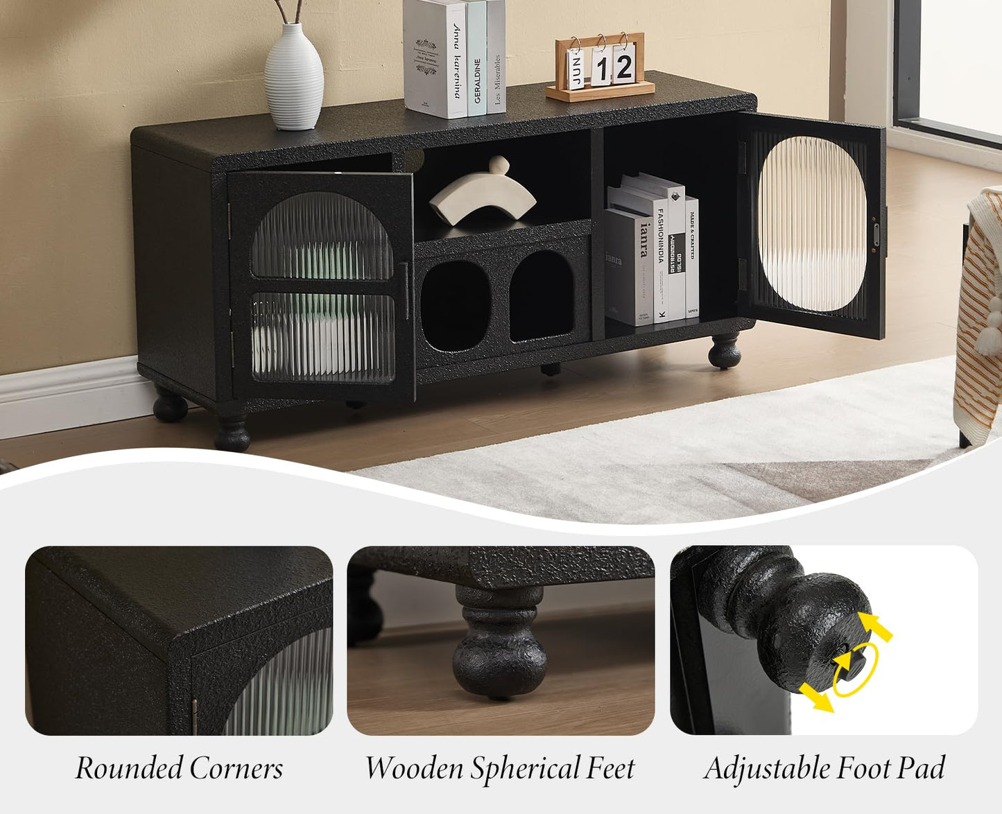 Ya-Home Lowboard with 2 Glass Doors Storage Cabinet with Compartments Sideboard with Solid Wood Legs for Living Room Black