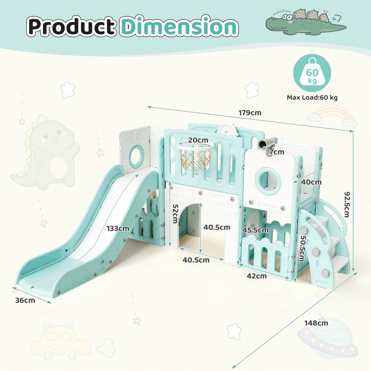 MAMIZO 9 in 1 Kinderrutsche, Kinder Rutsche mit Klettergerüst, Indoor & Outdoor Rutsche mit Basketballkorb und Teleskop, Tunnel, Stauraum, Gartenrutsche,Kinder Spielplatz, mit 2PCS Moduls, Gelb Blau