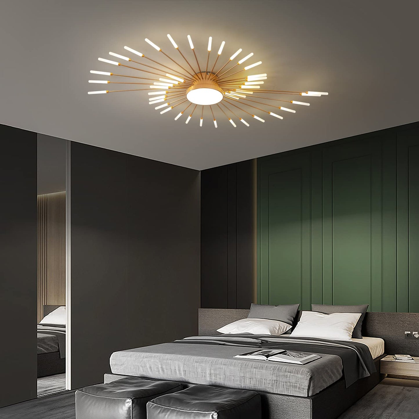 minifair Moderne LED-Deckenleuchte, 12 + 1 Köpfe, halbbündige Deckenleuchte, goldene Kronleuchter, Deckenbeleuchtung für Schlafzimmer, Wohnzimmer, Küche, Esszimmer, Restaurant