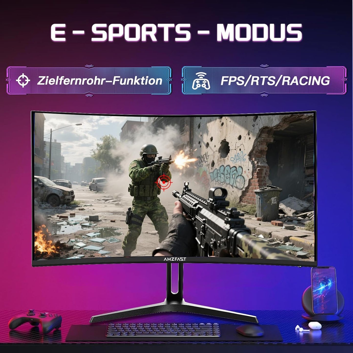Amzfast 32 Zoll Curved Gaming Monitor (240Hz, 1920x1080, 1ms MPRT, 1500R), Adaptive-Sync, 90% DCI-P3, 120% sRGB, 300cd/m², HDMI 2.0 & DisplayPort 1.4 (AMZG32C3F)