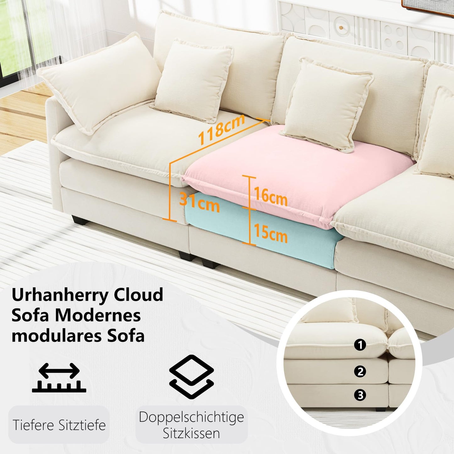 Urhanherry U-Shape Cloud Sofa, Modular Sectional Sofa, 6-Seater with 2 Ottomans, Modern Sofa with Decorative Cushions/Armrests, Breathable Chenille Fabric, U Sofa Couch for Living Room, Beige