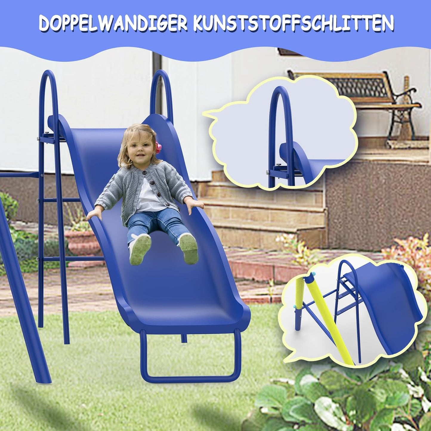 Redkid Schaukel-Sets für den Garten, Schaukel und Rutsche Set, Tragfähigkeit 440lbs 5 in 1 Outdoor-Schaukel-Set mit Rutsche, Untertasse Schaukel, Schaukel Sitz, Fußballtore und Basketballkorb