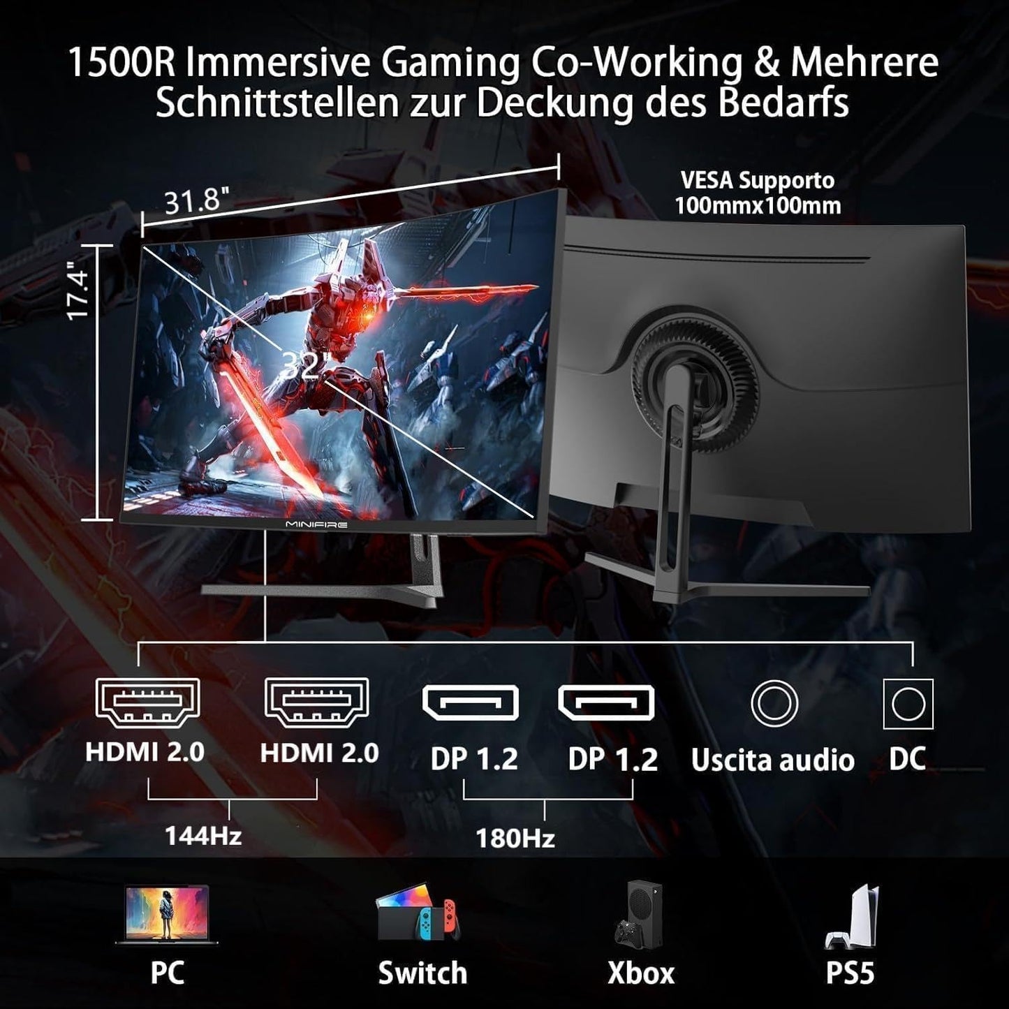 Minifire MFG32C3Q Gaming Curved Monitor 32 Inch 180Hz, 2K WQHD (2560 x 1440), 1500R, 1ms (MPRT), AMD FreeSync, sRGB 125%, VESA, 2xHDMI 2.0 / 2xDP (180Hz), Eye Care