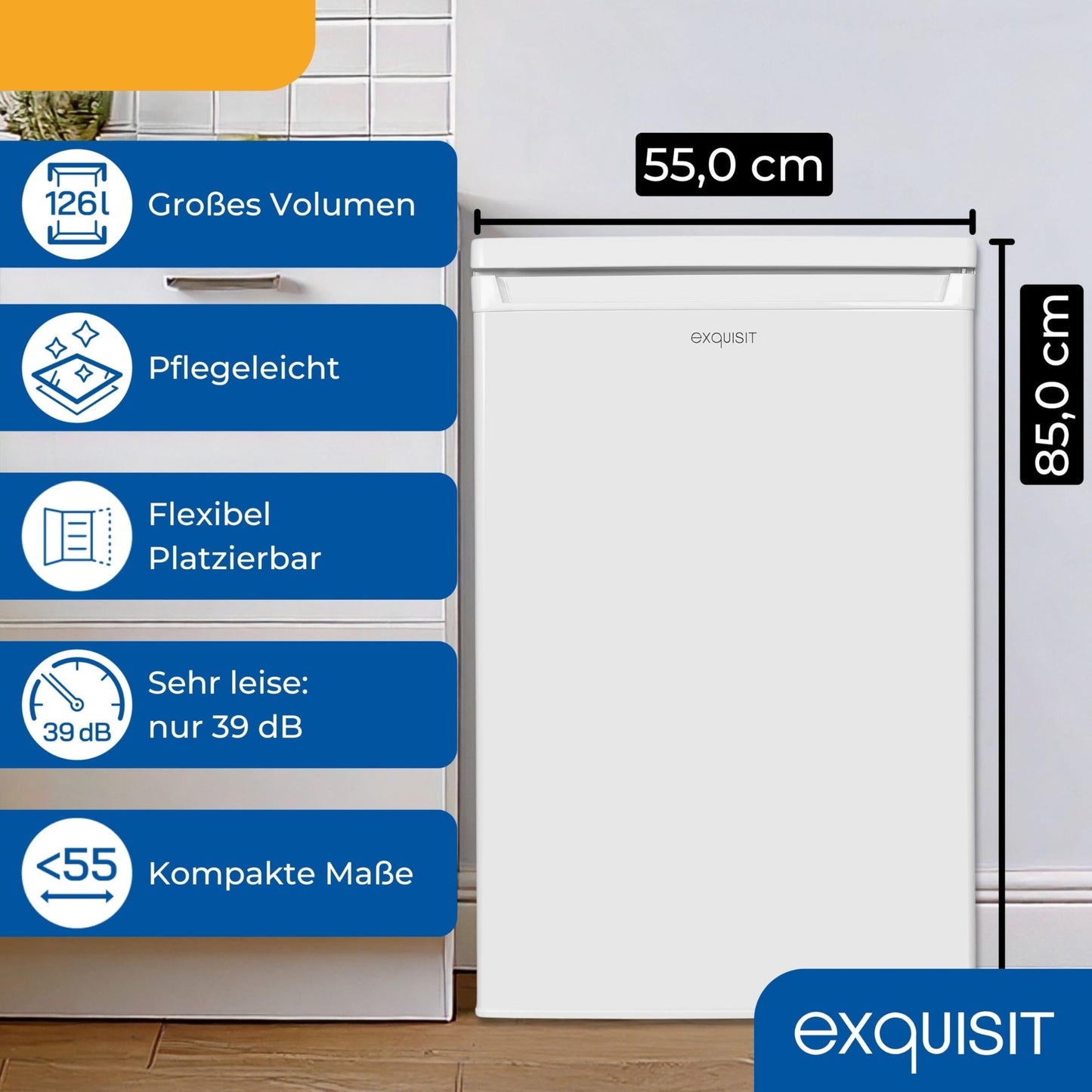 Exquisit Kühlschrank ohne Gefrierfach, 126 Liter, 55 cm Breit, Freistehend, Kompakt, Temperaturregelung, LED-Licht, KS516-V-040D weiss