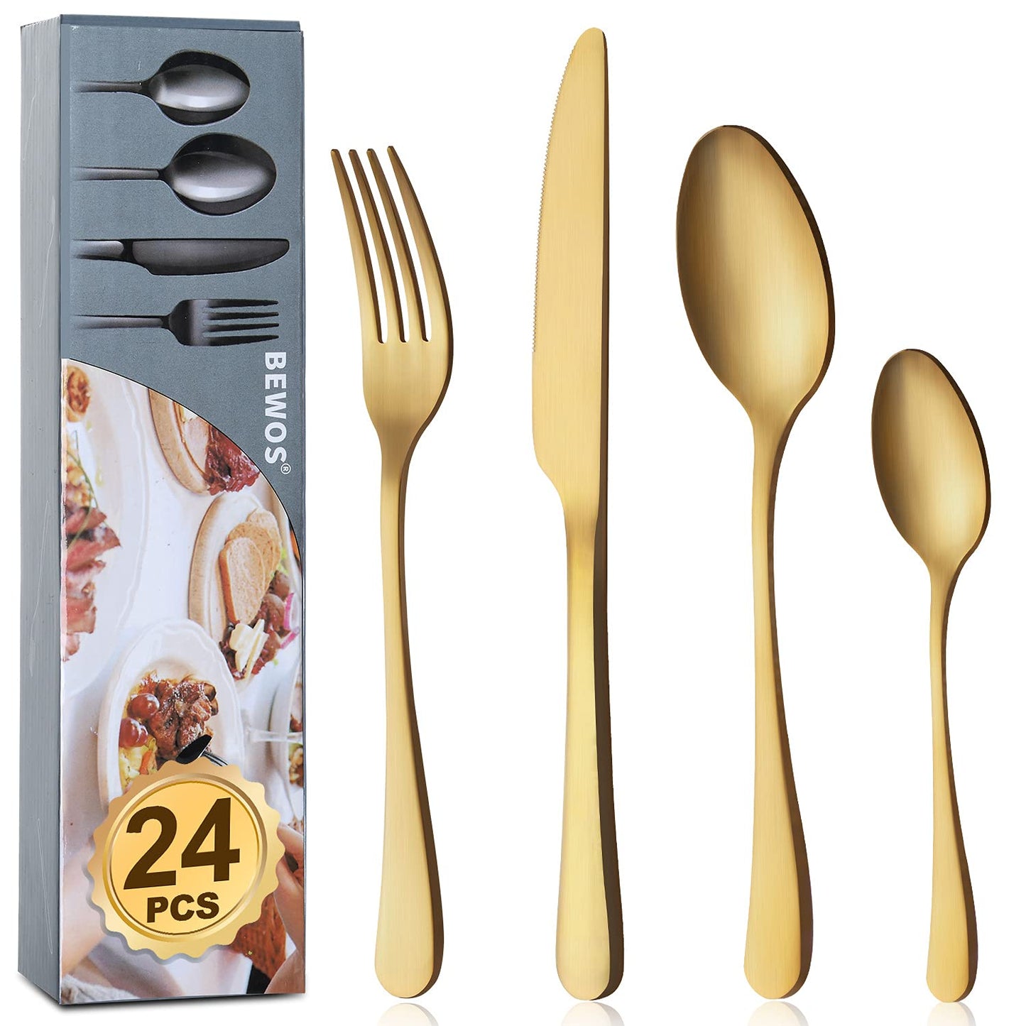 BEWOS Besteckset für 6 Personen, 30-teiliges Besteckset aus Edelstahl, Besteckset aus Silber, inklusive Messer, Gabeln und Löffel, hochglanzpoliert und spülmaschinenfest