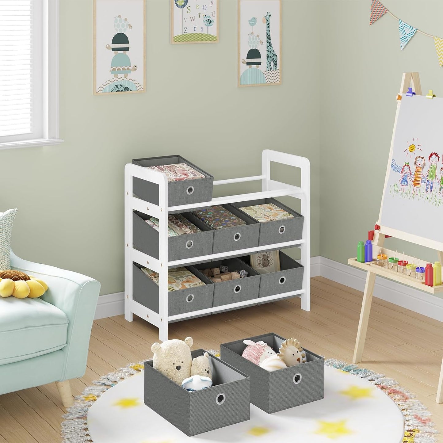 Lestarain Children's Shelf with 9 Boxes, Children's Bookcase, Toy Storage, Montessori Toy Shelf, Children's Room, Playroom, Nursery, 63.5 x 58 x 29.5 cm, Wood, White Grey