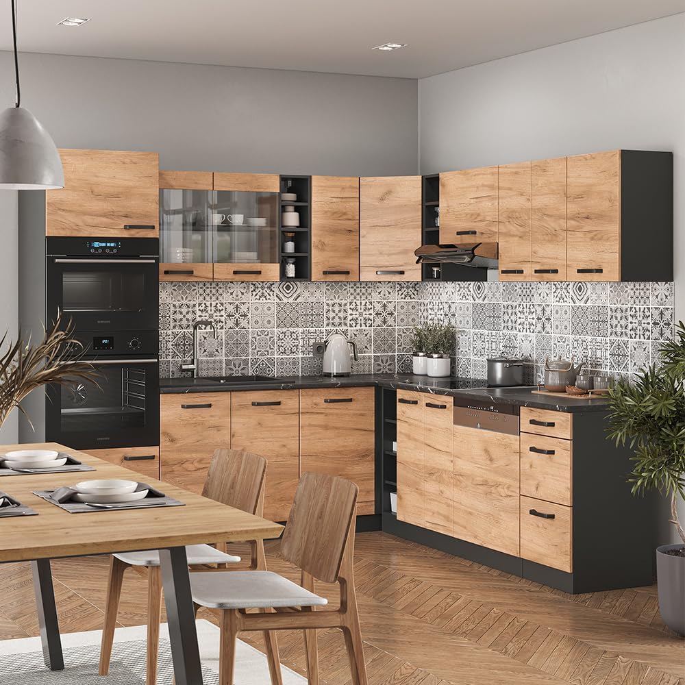 Vicco R-Line Fitted Kitchen Cabinets Anthracite Kitchen Furniture (Anthracite / White High Gloss, Corner 247 x 237 cm)