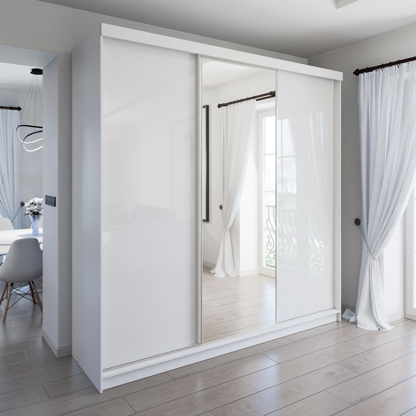 Marlux-Meble Two-Door Wardrobe 230 cm Wide with Floating and Sliding Doors Corner Wardrobe Bedroom Cabinet Hallway Cabinet System Cabinet High Gloss Cabinet