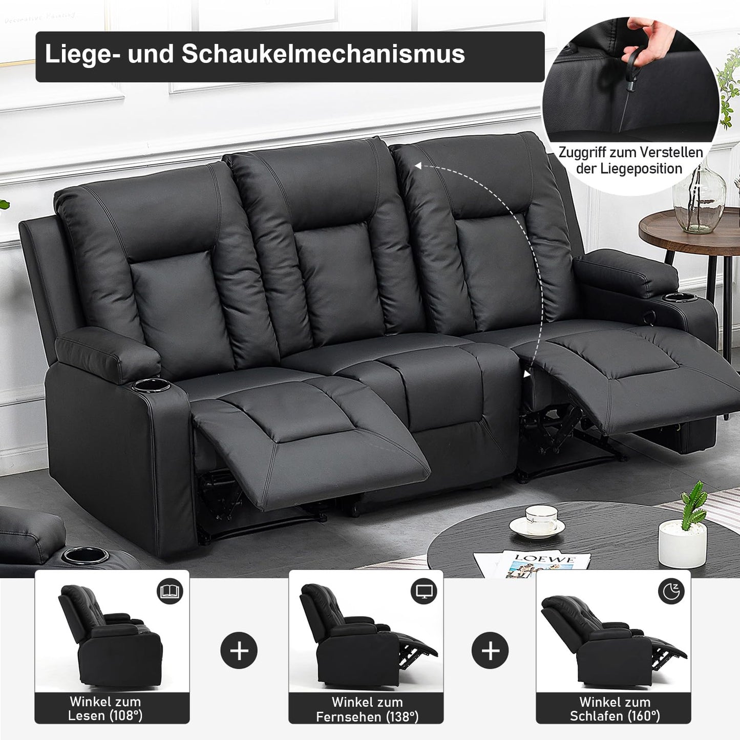 COMHOMA Relaxsessel-Set, Sofa, Sofa-Set aus Kunstleder, Fernsehsessel Ruhesessel Liegesessel mit Liege-Funktion Polstersessel Schlafsessel für Wohnzimmer Schlafzimmer Heimkino,Schwarz, 3+2+1