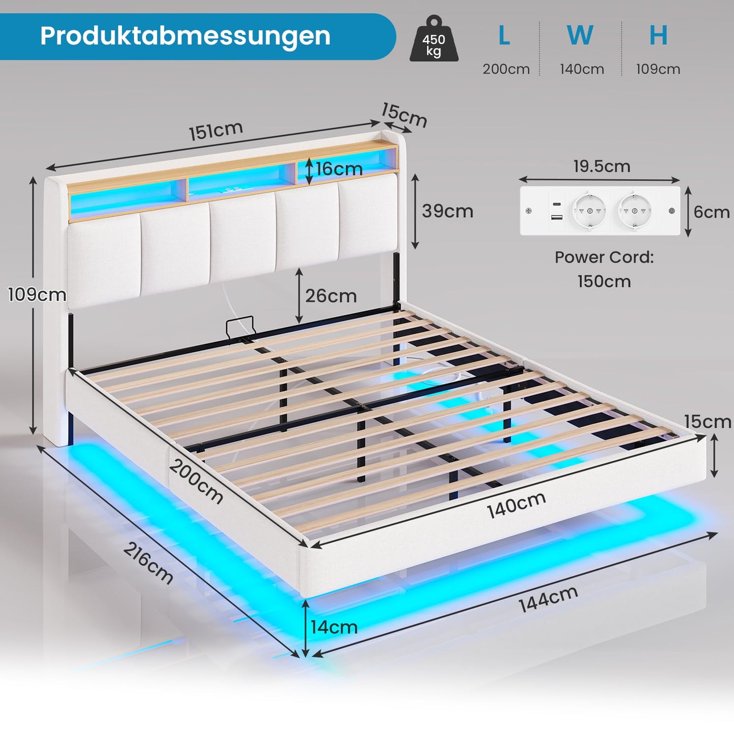Brinlawb Upholstered Bed 140 x 200 cm Floating Bed with LED Lighting, Headboard and Charging Station (2 AC Sockets, 2 USB Ports), Bed 140 x 200 cm with Storage Space, Modern Double Bed with Slatted