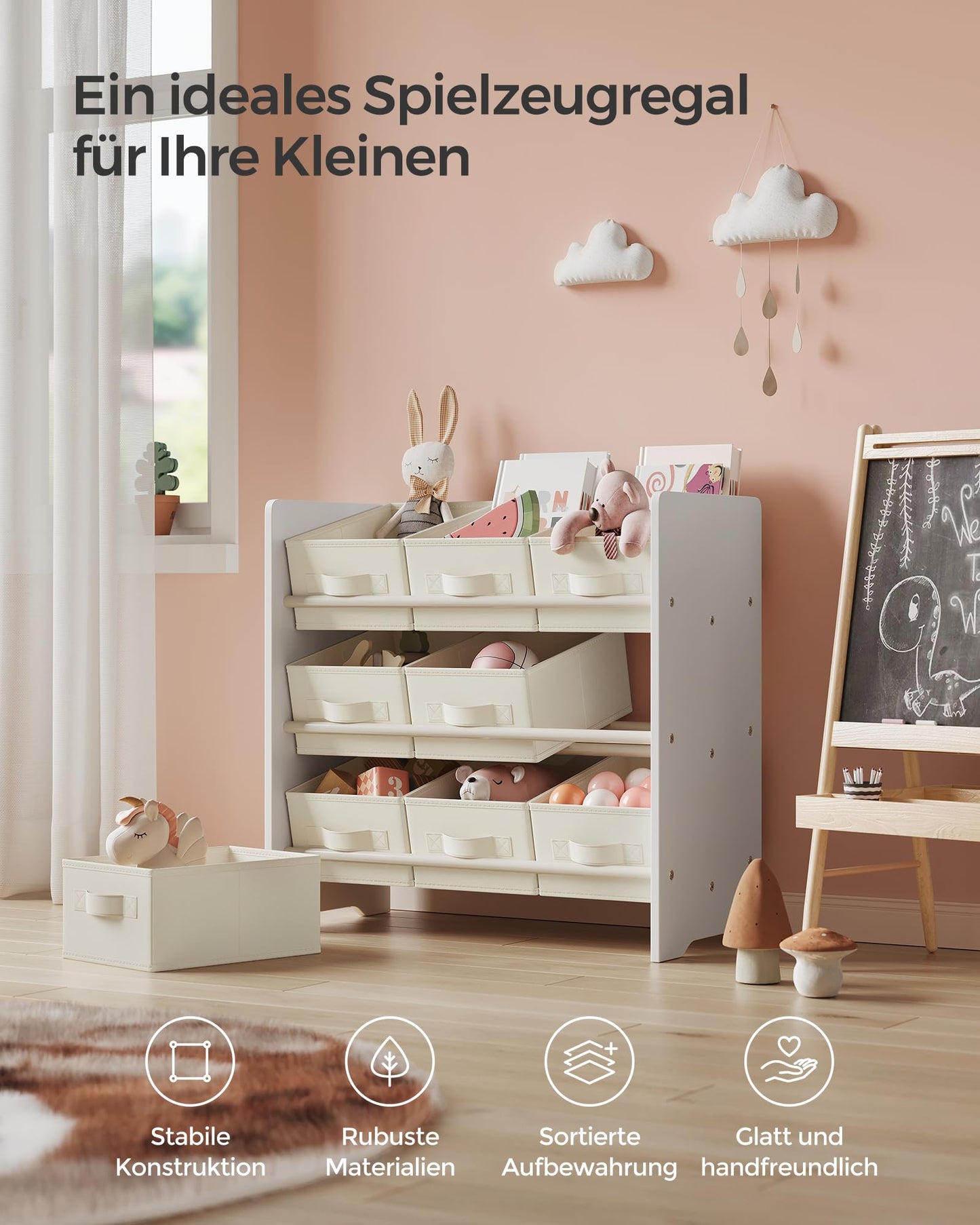 SONGMICS Kinderregal, Spielzeugregal, Bücherregal Kinder, mit 9 Aufbewahrungsboxen aus Vliesstoff, Kinderzimmer Regal, geräumig, 29,5 x 62,5 x 60 cm, wolkenweiß GKR033W10