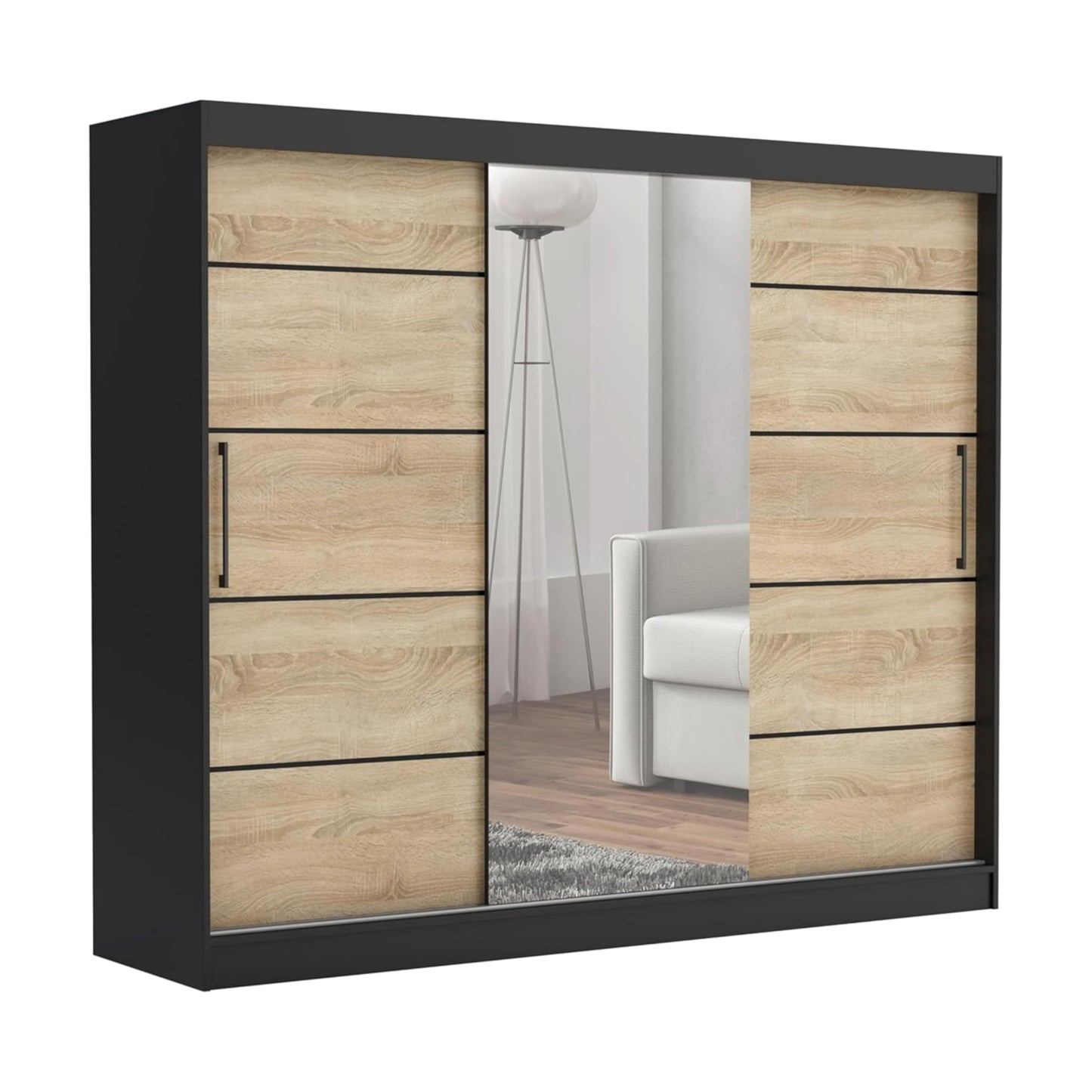 Brent - Kleiderschrank mit Spiegel und Schubladen 235cm Breit Chelsea Tomy, Schwebetürenschrank mit Spiegel, Schlafzimmerschrank, Kleiderschrank Schwarz