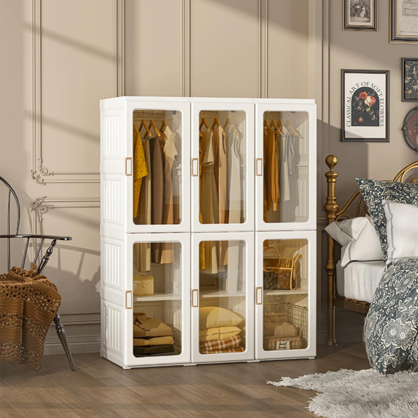 MAYIBOX Foldable Wardrobe, 104 x 170 x 50 cm, Quick Assembly, Versatile Wardrobe with Clothes Rail and Magnetic Doors, Perfect for Bedroom and Living Room, Brown Transparent Door Plate