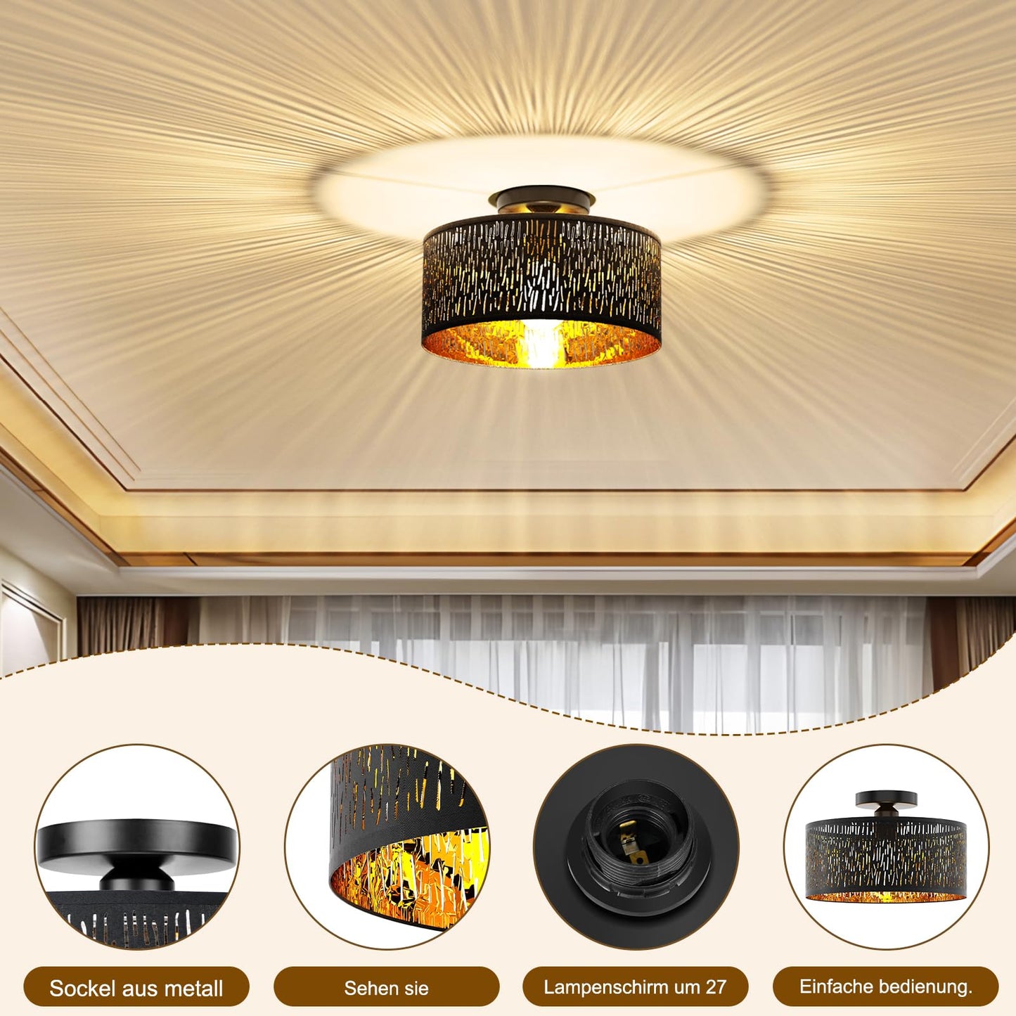 FRIDEKO HOME Moderne Deckenlampe Schwarz,Durchbrochener Rund Ø30cm Deckenleuchte E27 One Flammige Stoff Lampenschirm Lampe für Schlafzimmer Wohnzimmer Küche Flur
