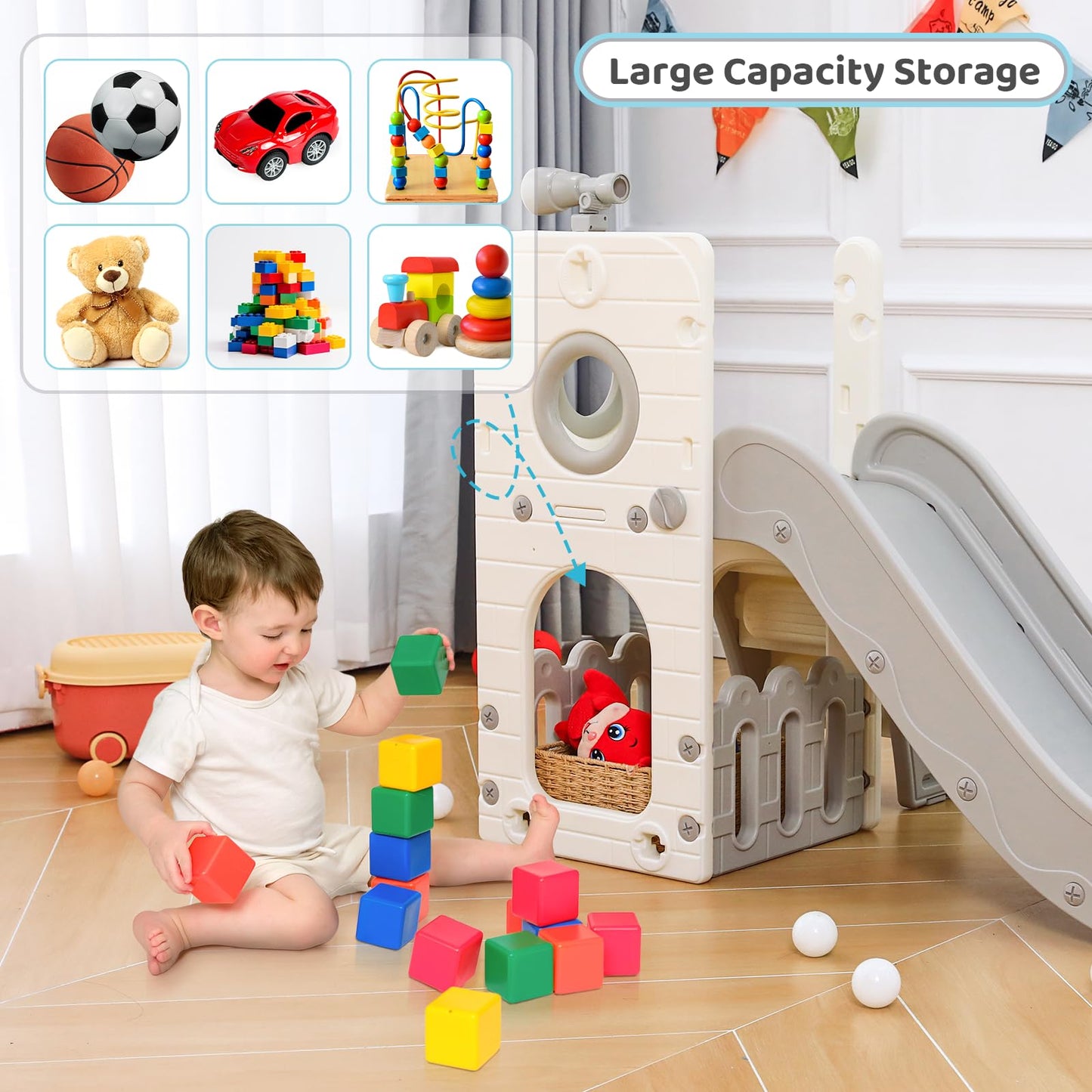 Kinderrutsche, für 1-3 Jahre, Indoor & Outdoor Rutsche ab 1 Jahre, Freistehende Rutsche mit Stauraum & Spielteleskope, Gartenrutsche, Kinder Spielplatz, mit 2PCS Moduls, Grün Grau