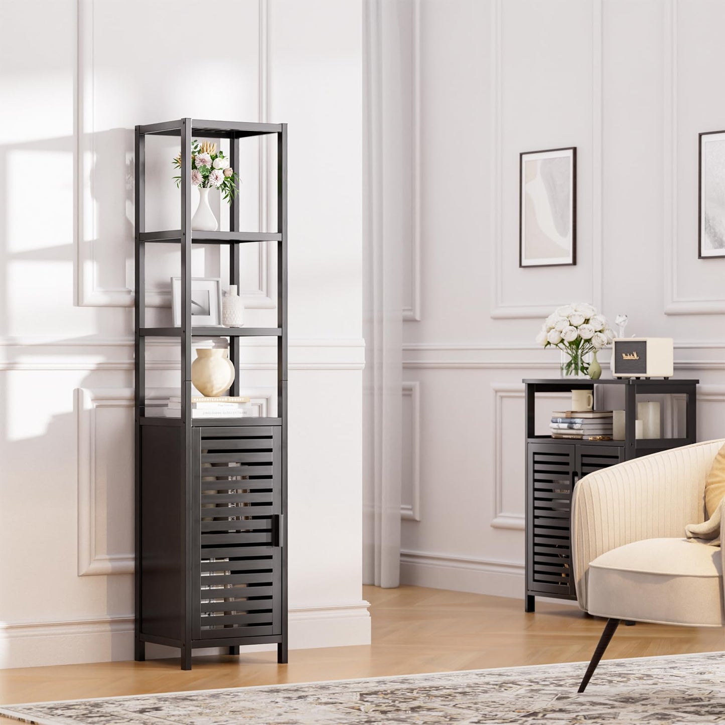 HITNET Bathroom Cabinet Bamboo Black Bathroom Cabinet Tall Cabinet Narrow Freestanding Floor Standing with Open Shelf and Single Door