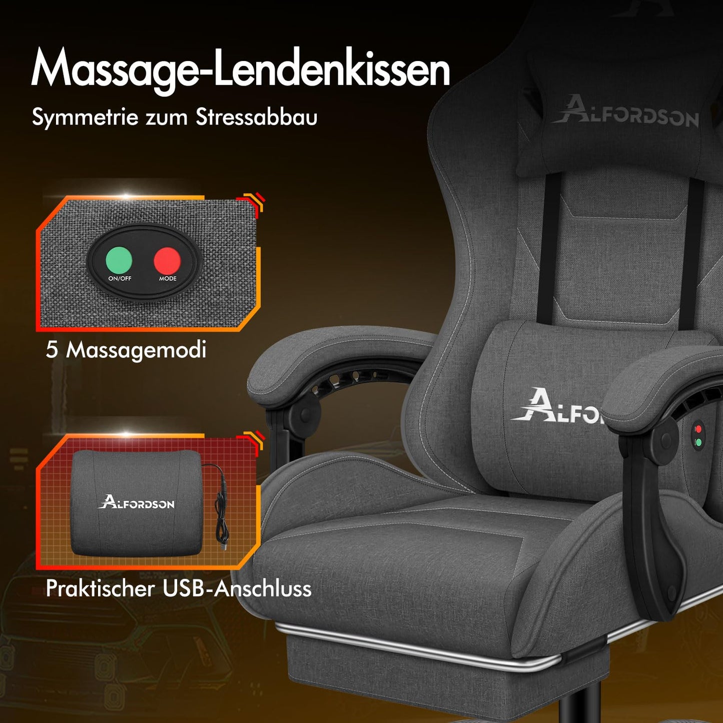 ALFORDSON Gaming-Stuhl mit Massage-Lendenwirbelkissen, ergonomischer Gamer-Racer-Stuhl mit Verstellbarer Rückenlehne, Drehstuhl mit Fußstütze, höhenverstellbar, Schwarz
