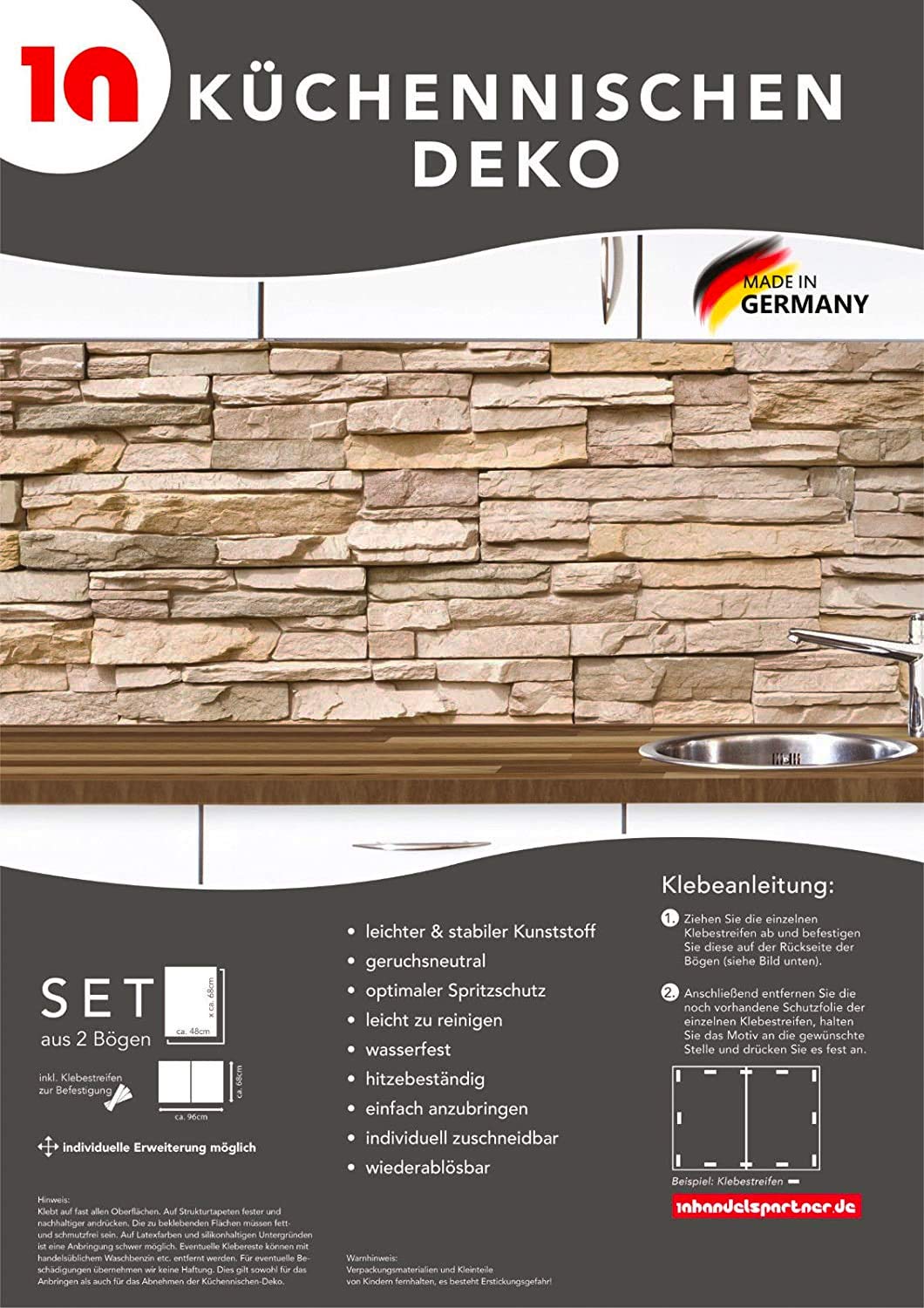 KLINOO Küchenrückwand aus Folie in Steinoptik als Spritzschutz - zuschneidbar und erweiterbar - 97cm x 68cm (Naturstein beige)