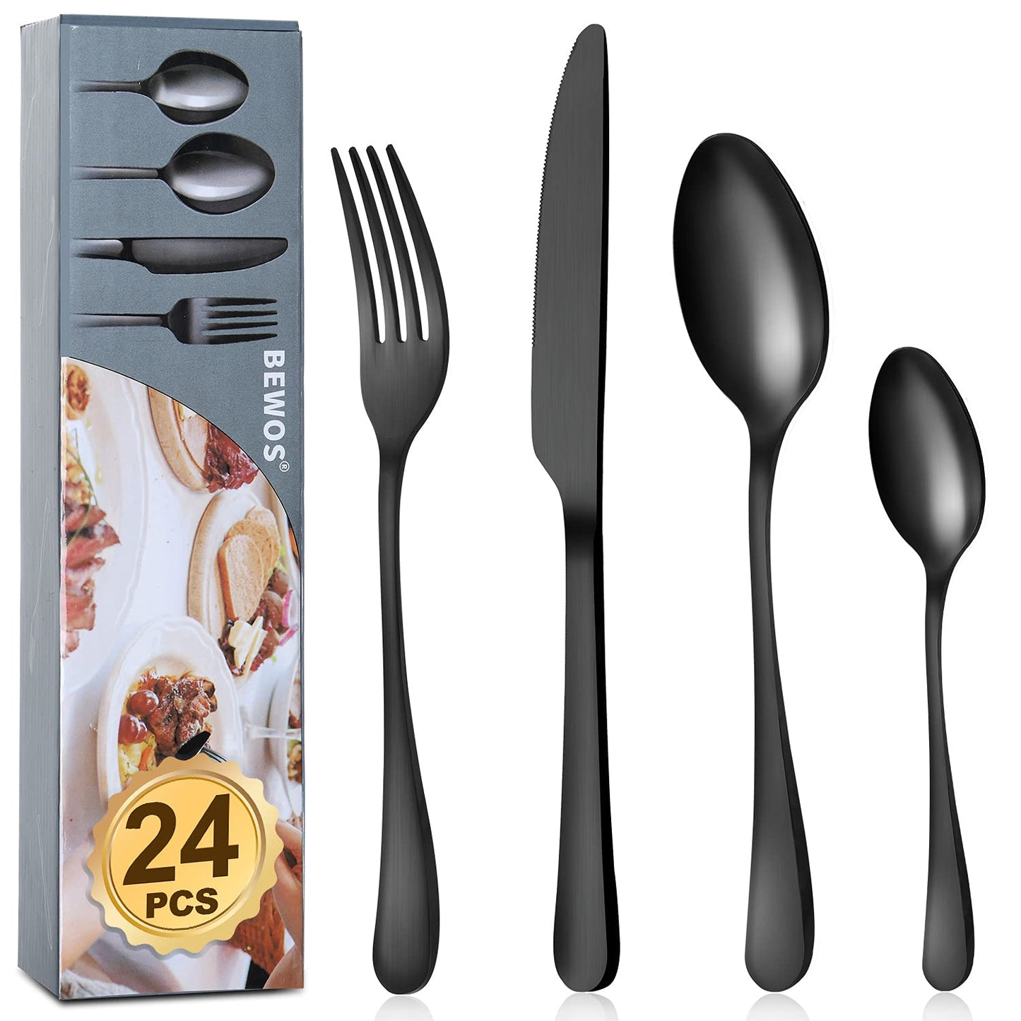 BEWOS Besteckset für 6 Personen, 30-teiliges Besteckset aus Edelstahl, Besteckset aus Silber, inklusive Messer, Gabeln und Löffel, hochglanzpoliert und spülmaschinenfest