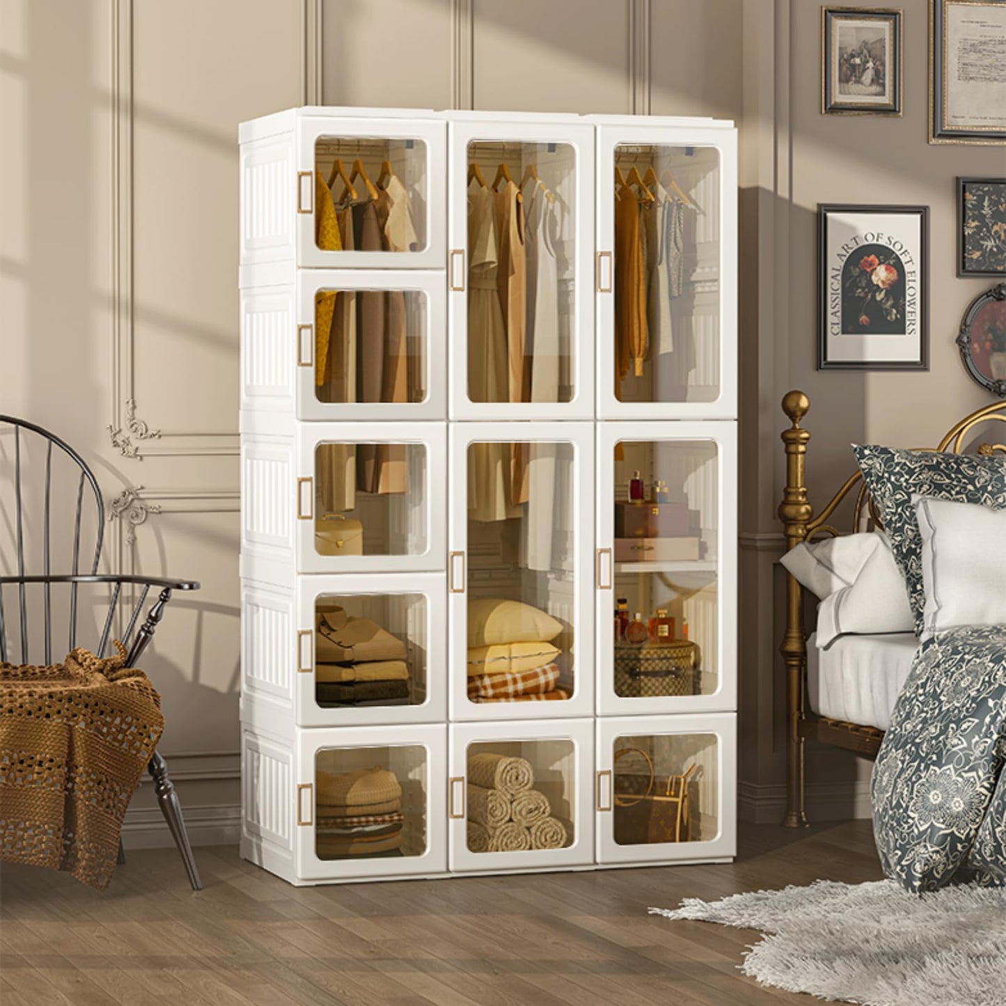 MAYIBOX Foldable Wardrobe, 104 x 170 x 50 cm, Quick Assembly, Versatile Wardrobe with Clothes Rail and Magnetic Doors, Perfect for Bedroom and Living Room, Brown Transparent Door Plate