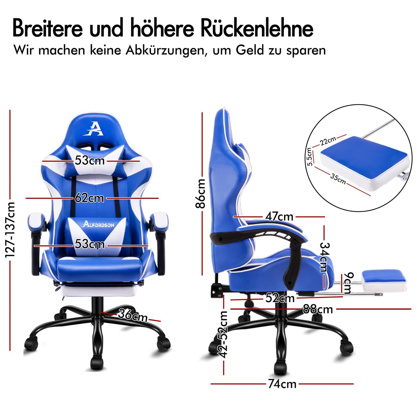 ALFORDSON Videospielstuhl, ergonomischer Bürostuhl, Massage-Rennstuhl, einziehbare Fußstütze, PU-Leder, höhenverstellbar und neigbar, 180 kg Tragkraft, Schwarz