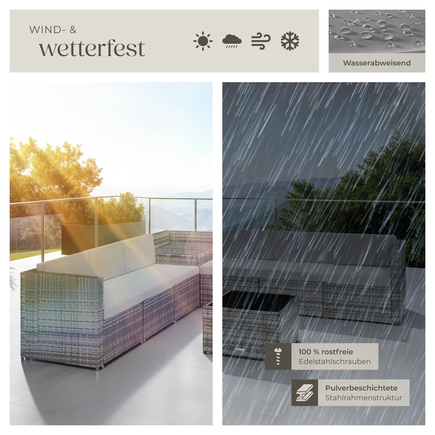tectake Polyrattan Gartenlounge, frei zu gruppierende Balkon Möbel, Gartenmöbel Set mit einem Beistelltisch Outdoor, inkl. Auflagenbox und Sitz- und Rückenkissen - grau