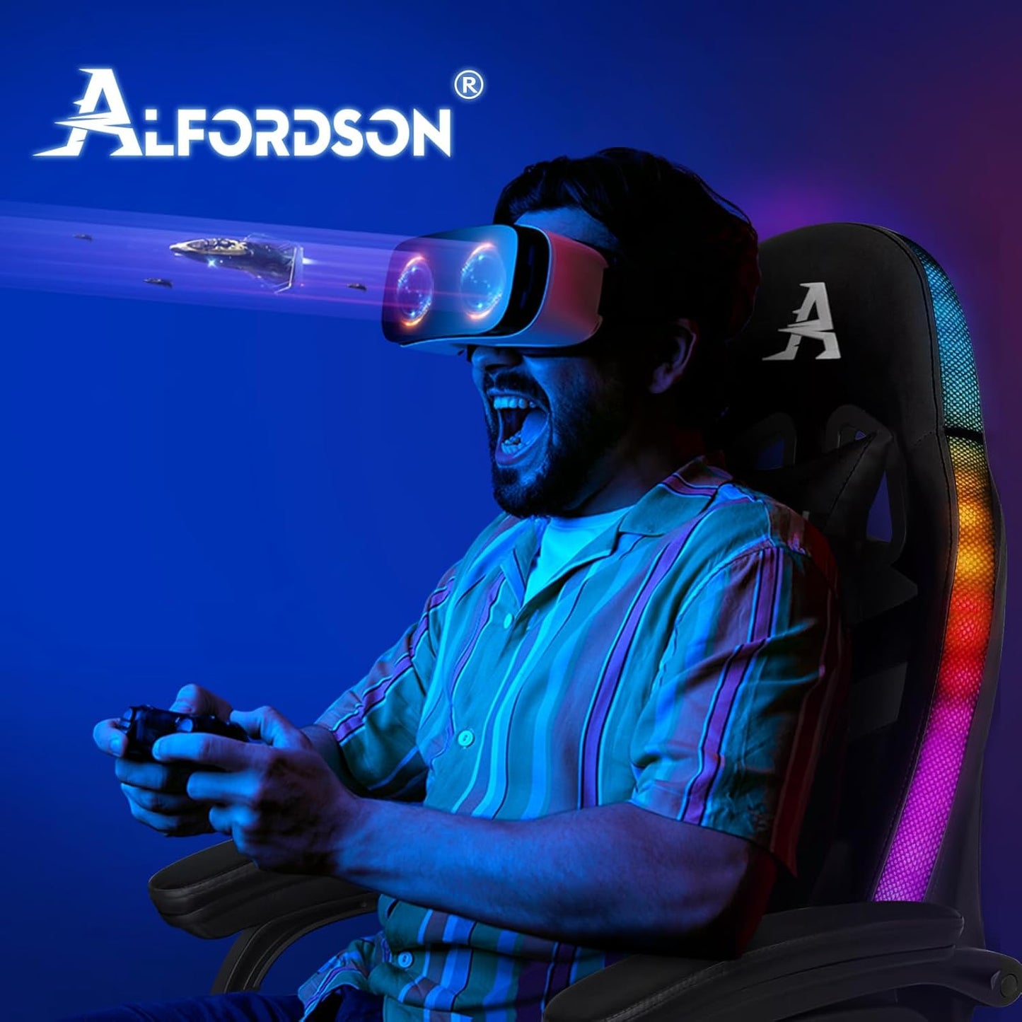 ALFORDSON Racing Gaming Stuhl, Massage Gamer Stuhl mit 12 LED Farben RGB Beleuchtung, Ergonomischer Sessel mit Lordosenstütze, Liegestuhl mit Fußstütze, PU Leder, Schwarz