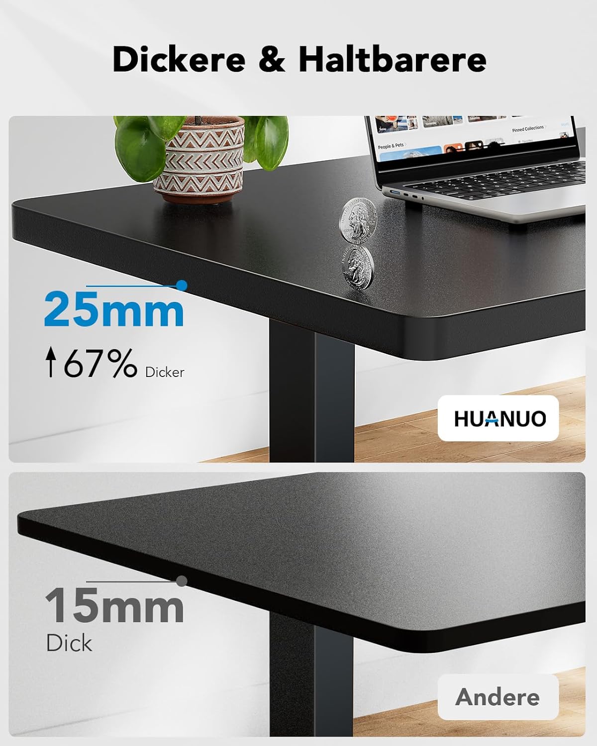 HUANUO Höhenverstellbarer Schreibtisch 160x80cm,25MM Ganze Tischplatte mit Bürstenloser Motor,Ergonomischer Steh-Sitz Tisch Stehpult,Einfache Montage Elektrischer Stehschreibtisch für Homeoffice
