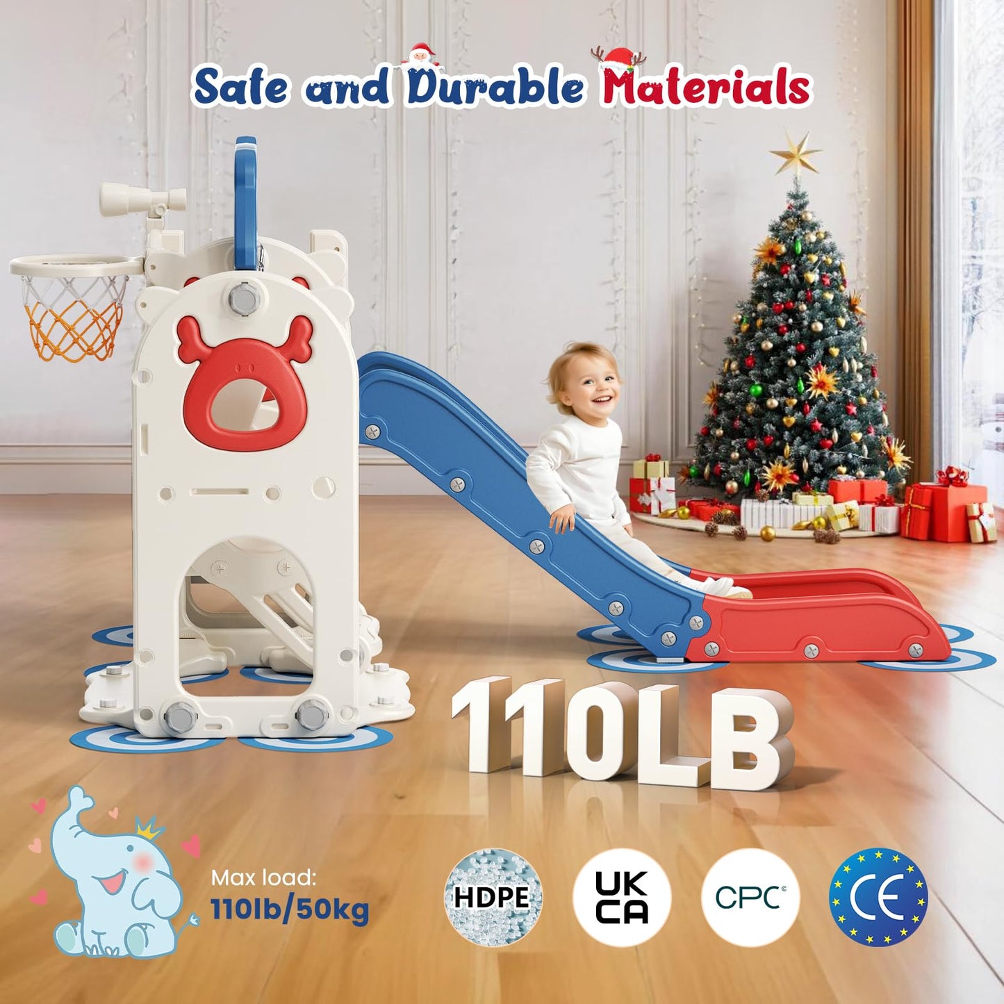 Krovtoy Kleinkindrutsche mit Weihnachtselch-Motiv, freistehende Kleinkindrutsche mit Golf-Set, Babyrutsche, Spielplatzgerät, für den Innen- und Außenbereich (Grau Beige - 6 in 1)