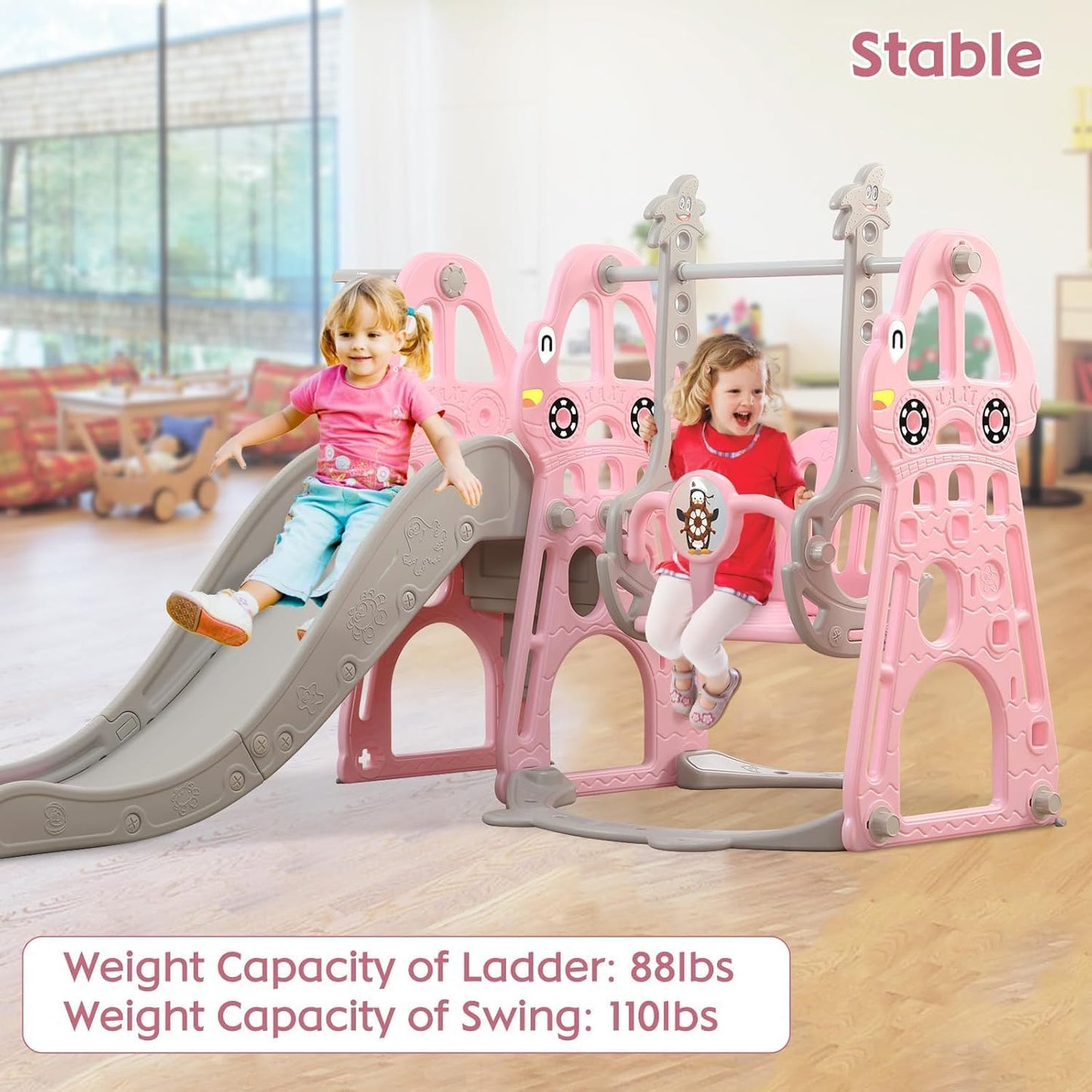 YULEYU Kinderrutsche Outdoor Indoor, Kleinkindrutsche mit Schaukel und Basketball-Reifen, Baby rutsche kinderzimmer, babyrutsche gartenrutsche für Kleinkind, Rosa