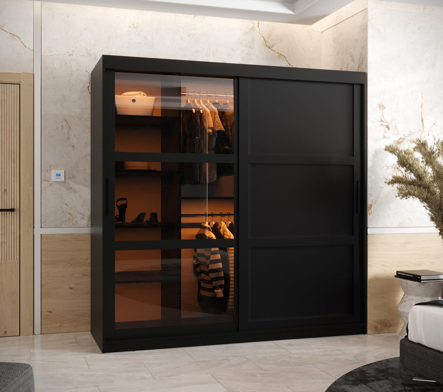 MEBLE KRYSPOL Dome 2 Schrank mit DREI Schiebetüren mit Spiegel, Stangen und Regalen - Aufbewahrungsschrank mit Rauchglas für Schlafzimmer, Wohnzimmer - 200x250x62cm - Schwarz, Schwarz, Schwarz