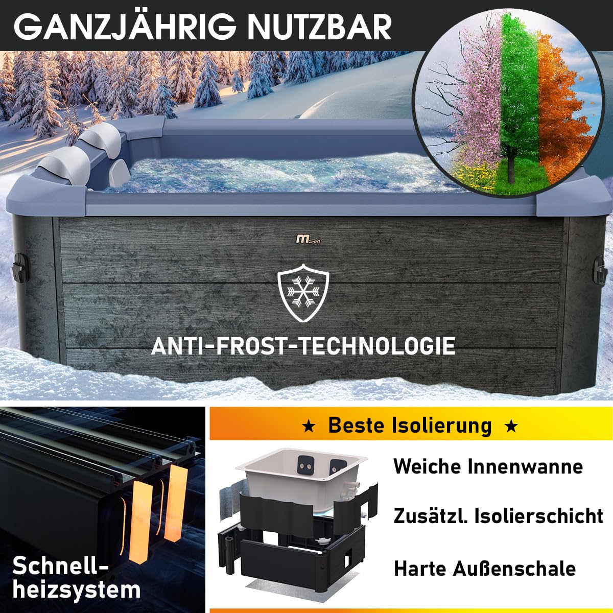 BRAST Whirlpool MSpa Oslo & Oslo Plus XXL mit Fester Außenwand | 160x160x65cm - 180x180x65cm | LED-Beleuchtung 20 Farben | 6 Personen | 120-140 Massagedüsen | Ganzjähriger Einsatz Winterfest