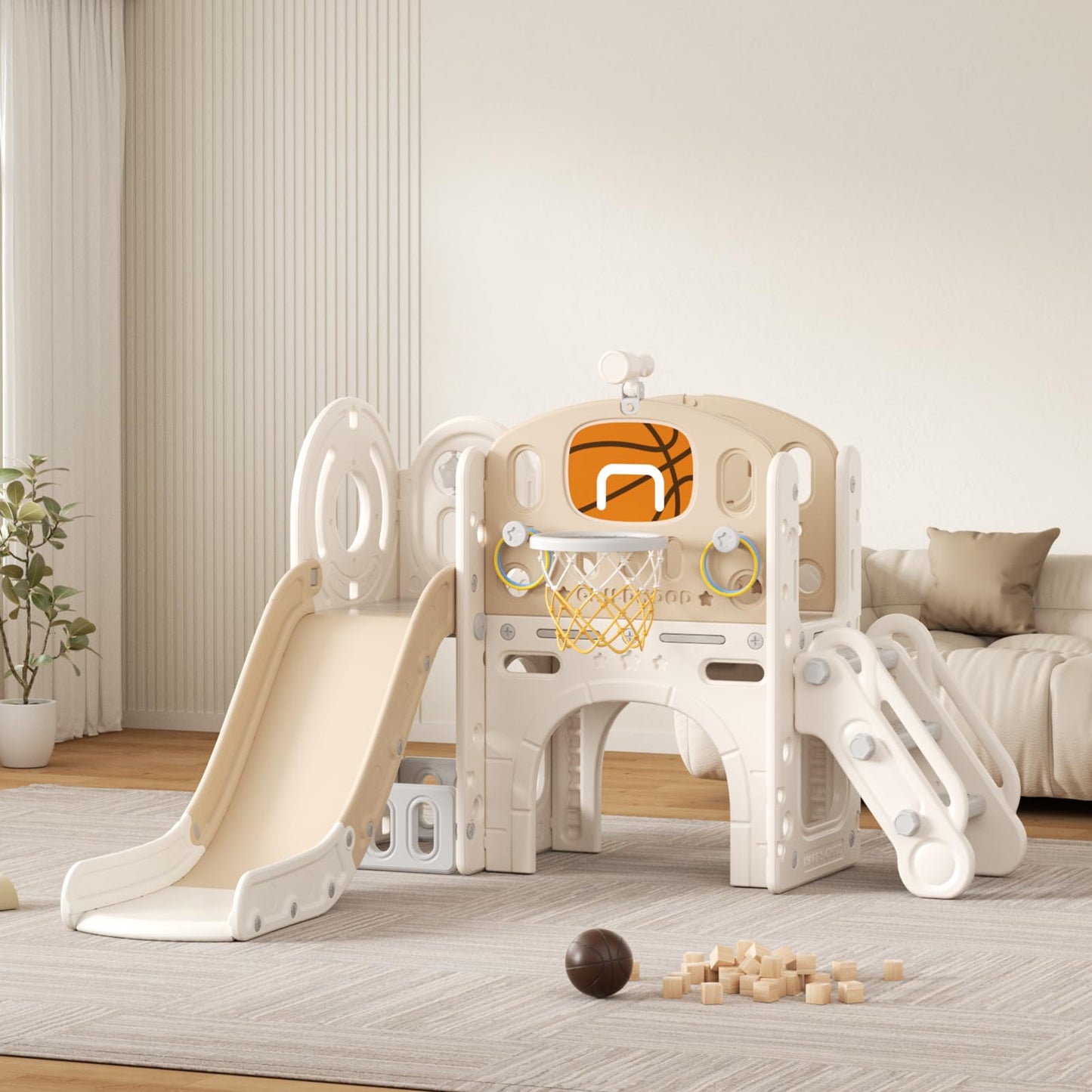 Rutsche mit Klettergerüst für Kinder: Indoor Spielplatz mit - Aufbewahrungsbox Tunnel Treppenleiter Basketballkorb und Durchgangsbereich Gartenrutsche (Star Set-G-Brown)