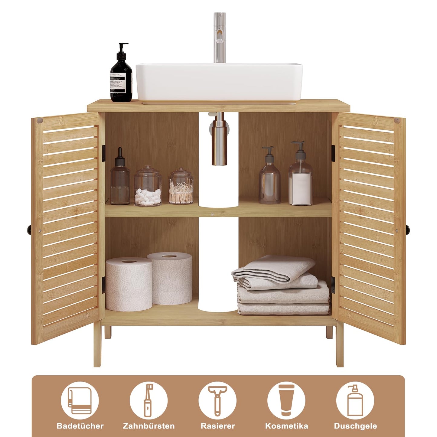 EUGAD Under Basin Vanity Unit Bathroom Cupboard with 2 Doors 60 x 30 x 60 cm, Bamboo