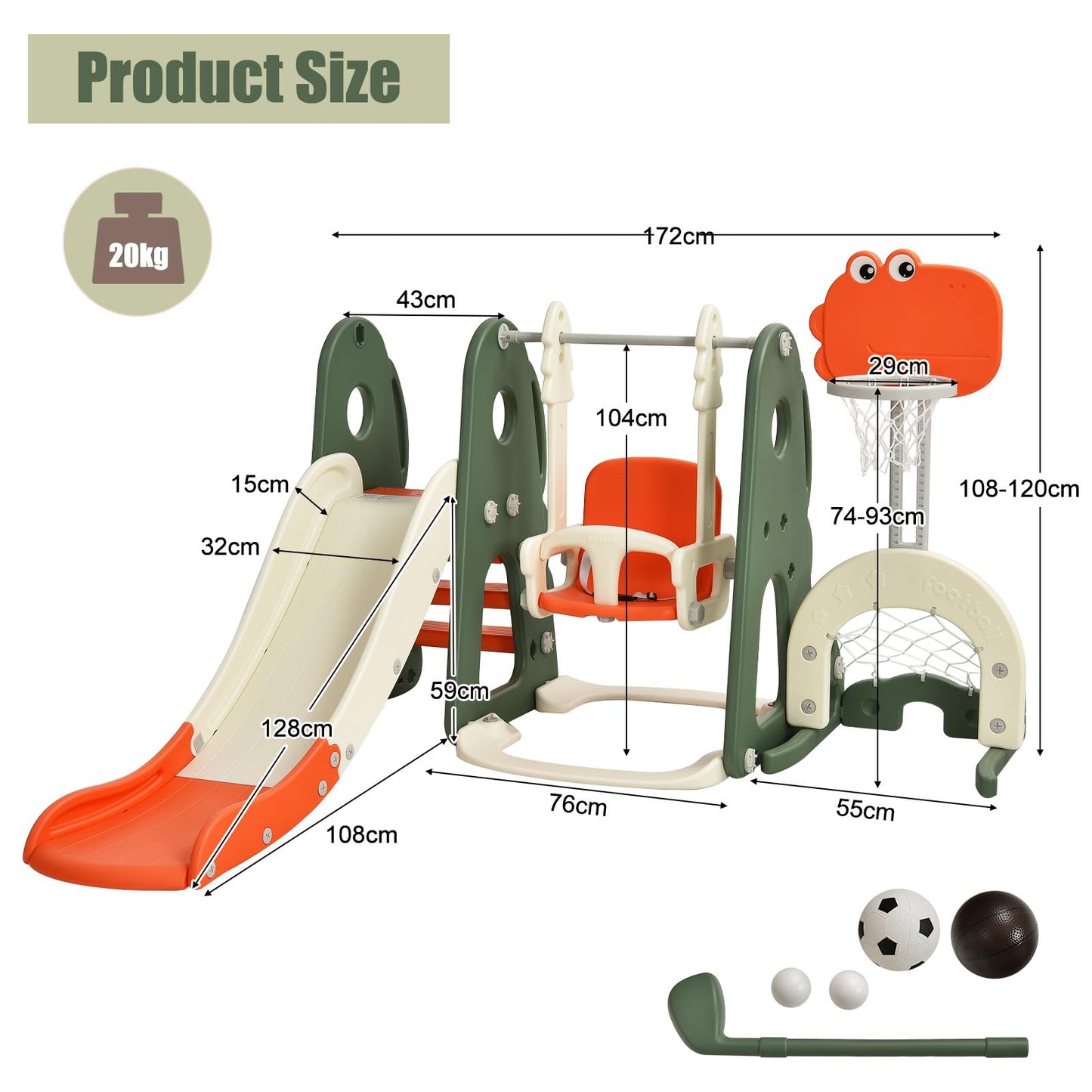 HOMASIS 6-in-1 Kinderrutsche mit Schaukel, Freistehende Rutsche & Schaukel & Basketballkorb & Kletterleiter & Fußballtor & Golfloch, Kinder Spielplatz für ab 3 Jahre Indoor & Outdoor (Orange+Grün)