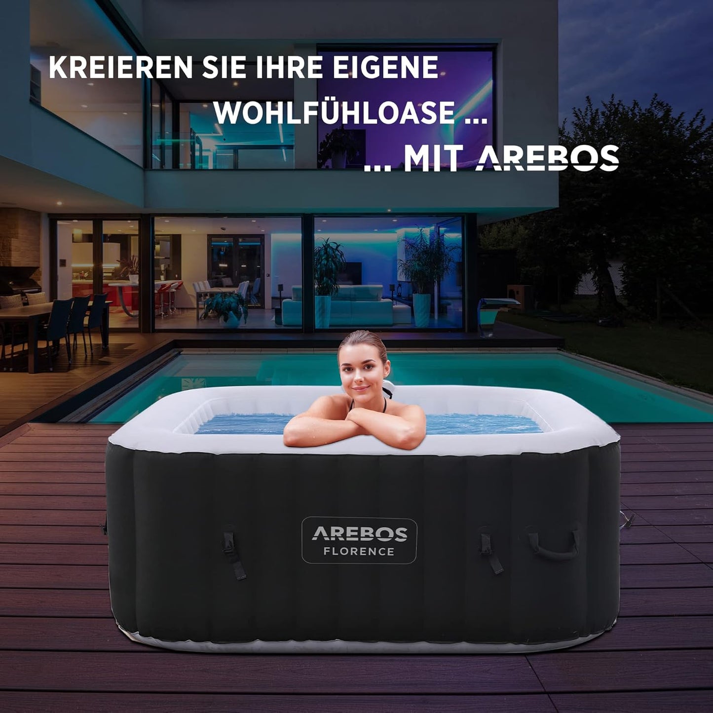 Arebos Aufblasbarer Spa Pool | für drinnen und draußen | Whirlpool 4 Personen | 154x154cm | 100 Massagedüsen | Wellness Spa Heizung | Aufblasbare Massage Quadrat | 600 Liter
