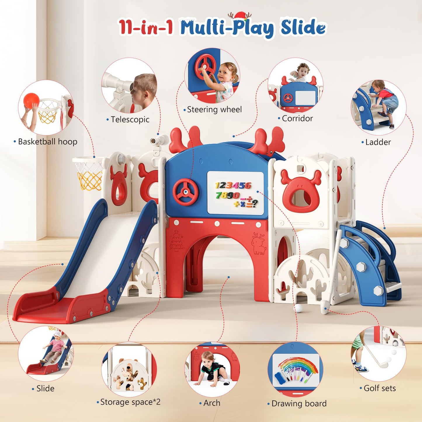 Krovtoy Kleinkindrutsche mit Weihnachtselch-Motiv, freistehende Kleinkindrutsche mit Golf-Set, Babyrutsche, Spielplatzgerät, für den Innen- und Außenbereich (Grau Beige - 6 in 1)