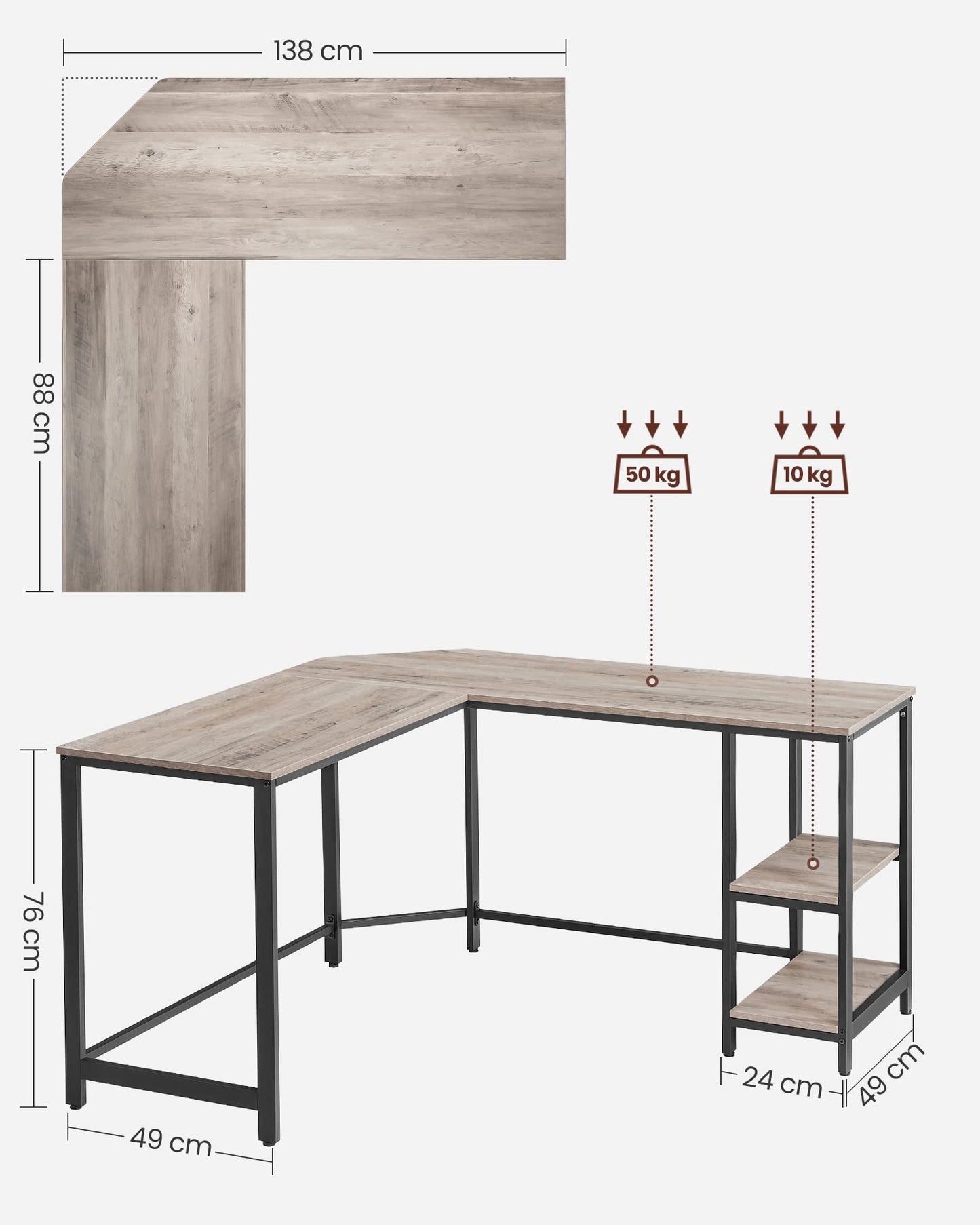 Vasagle L-Shaped Computer Desk, Corner Desk with 2 Shelves