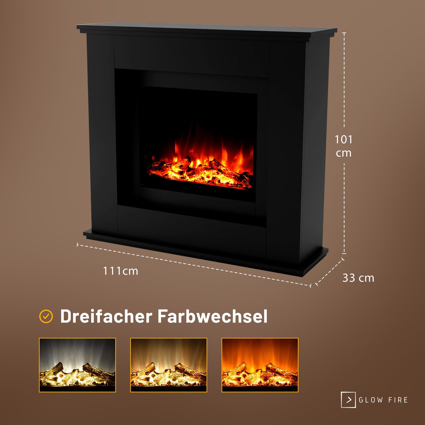 GLOW FIRE Elektrokamin mit Heizung und Kaminfeuer (Standkamin Europa) - elektrischer Kamin mit LED-Feuer in 3 Farben, Heizlüfter, Holz-Deko & Fernbedienung, 111x101x33 cm, Schwarz