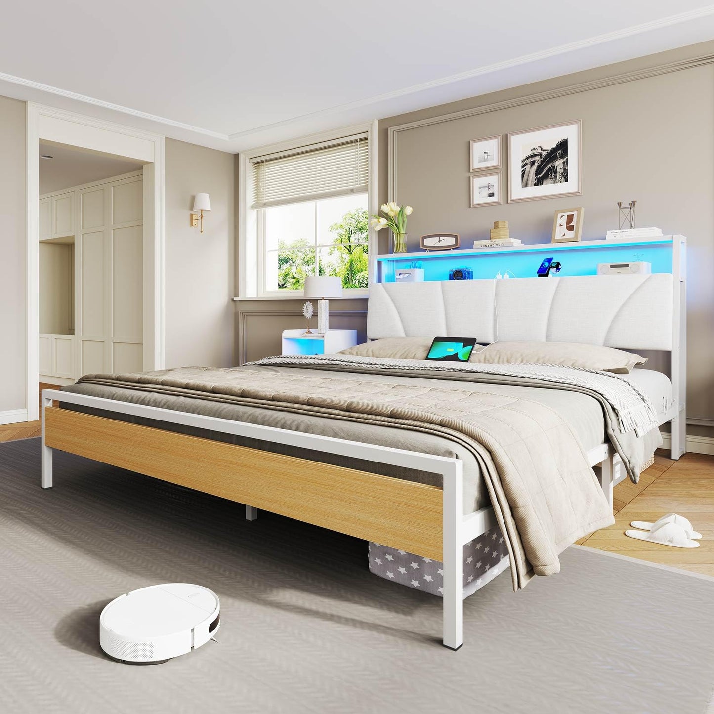 Brinlawb Bed 140 x 200 cm with Metal Slatted Frame, Bed Frame 140 x 200 cm with LED Lighting, Metal Bed 140 x 200 cm with Headboard and Charging Station (2 AC Sockets, 2 USB Ports), Youth Bed, Double