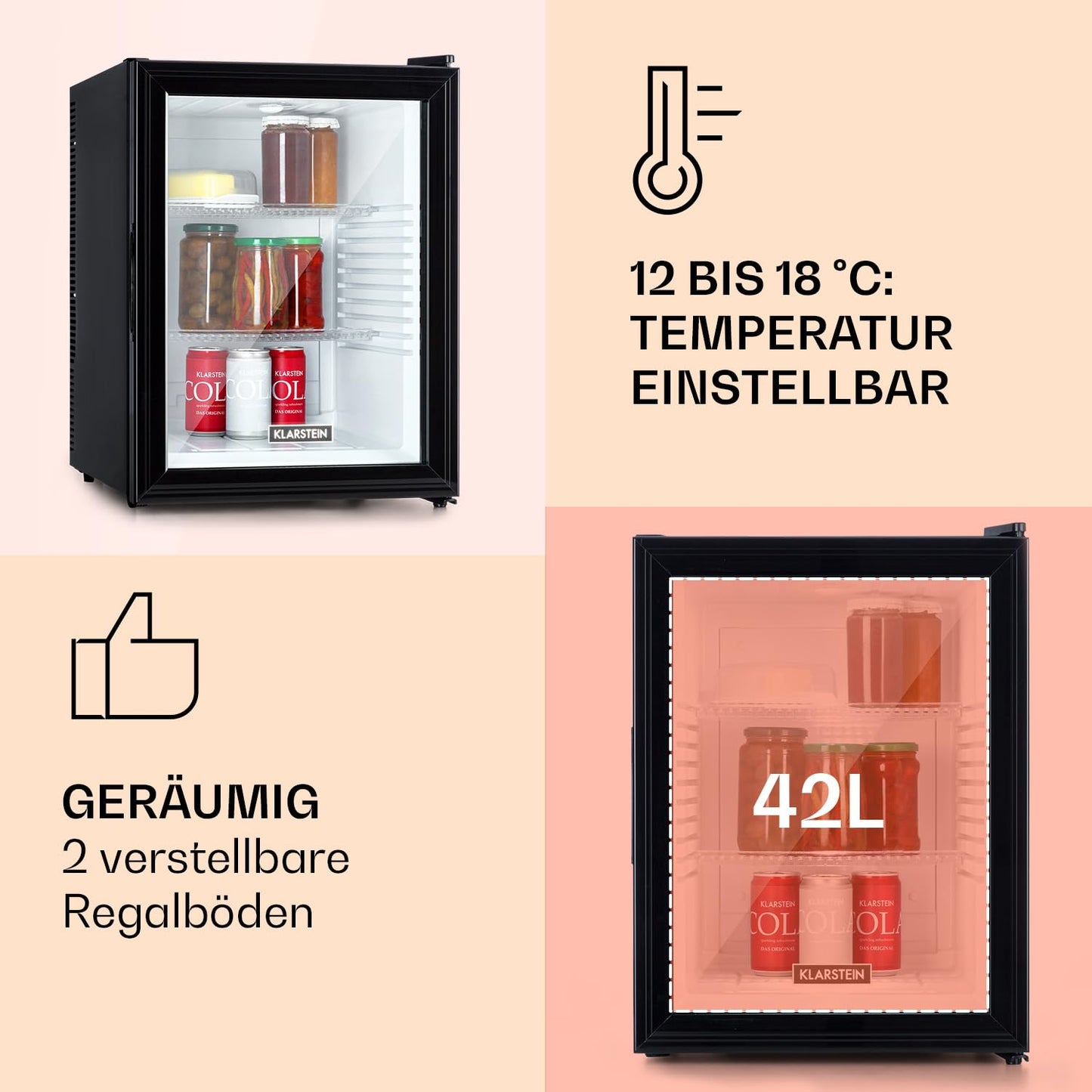 Klarstein Kühlschrank, Mini Kühlschrank mit Glastüre, Mini-Kühlschrank für Getränke, Snacks & Kosmetik, Kühlschrank Klein & Leise, Verstellbare Ablagen, Kleiner Skincare Kühlschrank 12-18°C, 23L