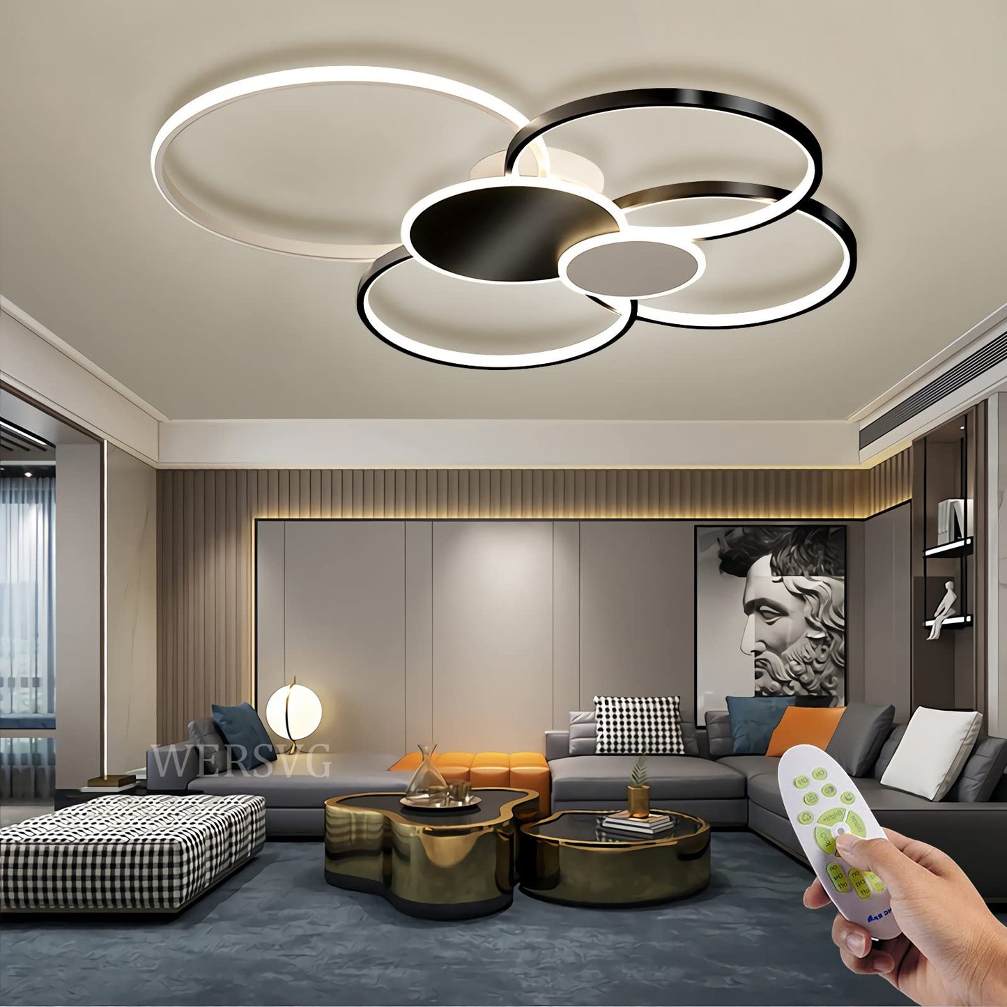 WERSVG L80cm Modern LED Deckenleuchte Wohnzimmer Deckenlampe gold 6-Ring Deckenleuchte 70W 5600LM Dimmbar 3500K - 6500KMit Fernbedienung flurlampe decke, für Wohnzimmer Schlafzimmer Küche Esszimmer